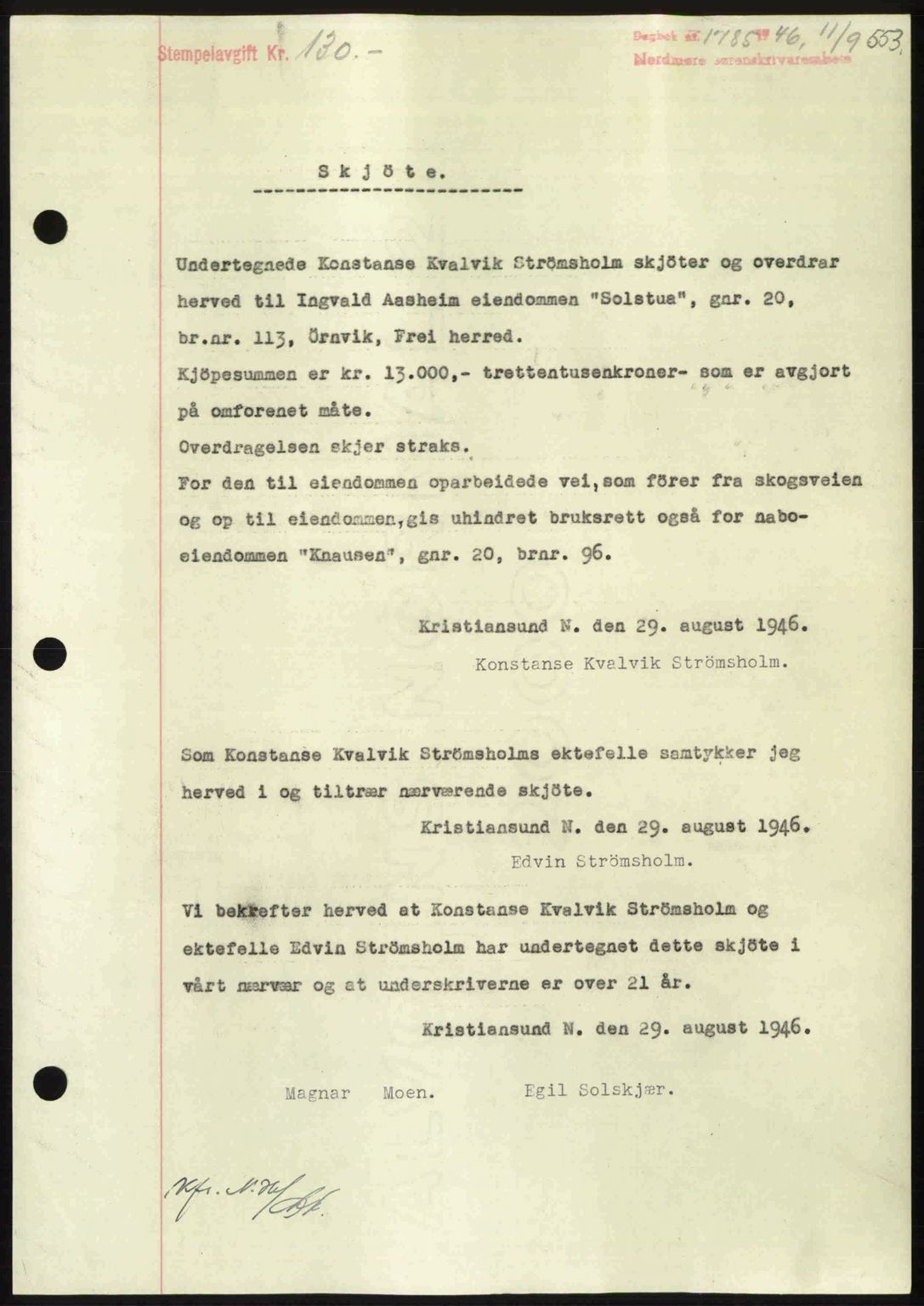 Nordmøre sorenskriveri, SAT/A-4132/1/2/2Ca: Pantebok nr. A102, 1946-1946, Dagboknr: 1785/1946