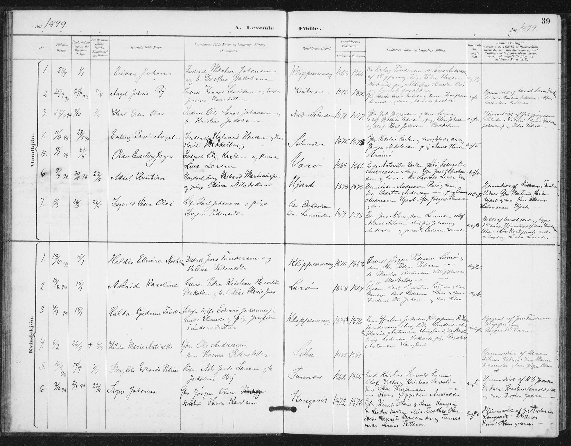 Ministerialprotokoller, klokkerbøker og fødselsregistre - Nordland, SAT/A-1459/839/L0573: Klokkerbok nr. 839C03, 1892-1917, s. 39