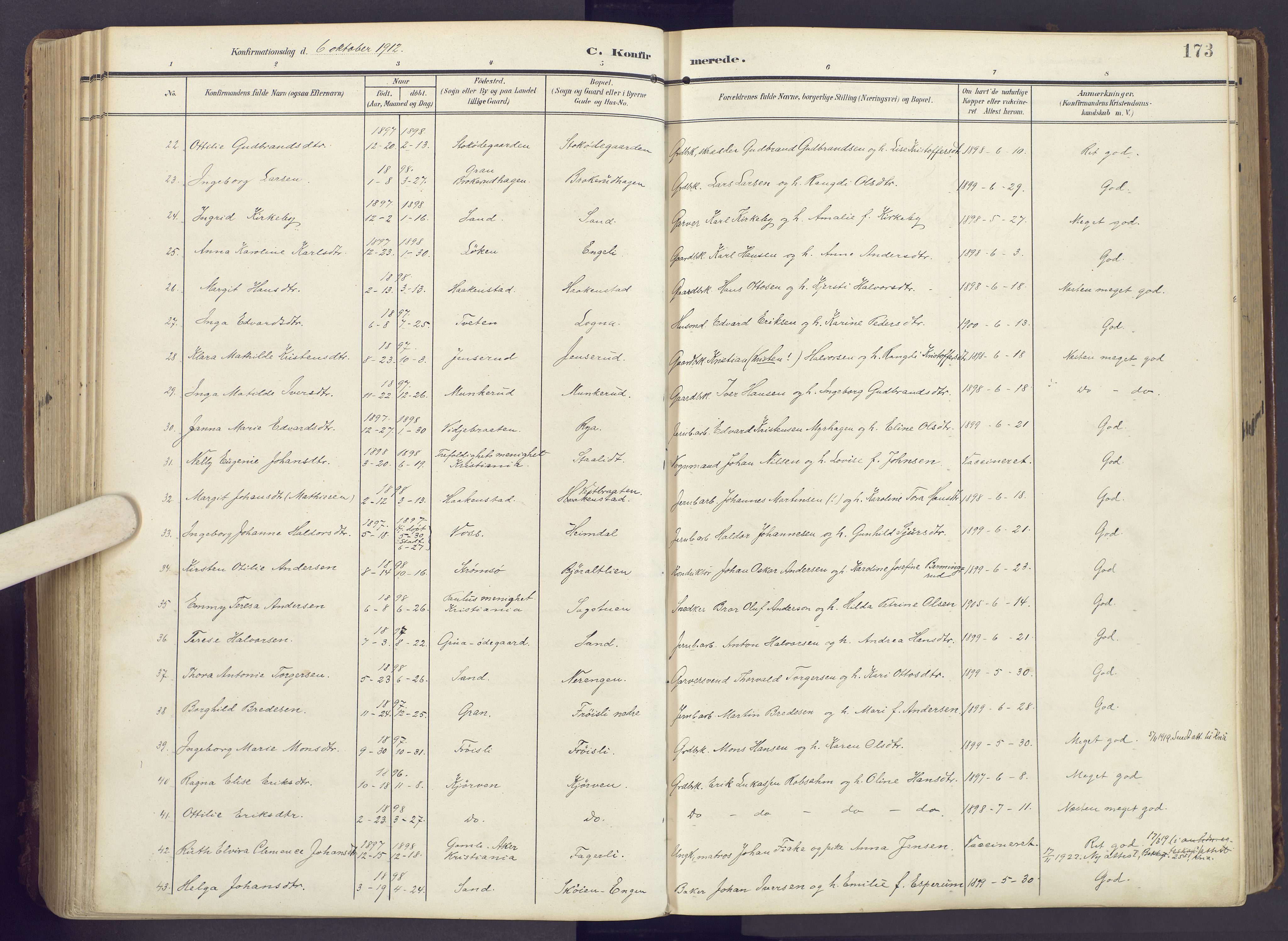 Lunner prestekontor, AV/SAH-PREST-118/H/Ha/Haa/L0001: Ministerialbok nr. 1, 1907-1922, s. 173