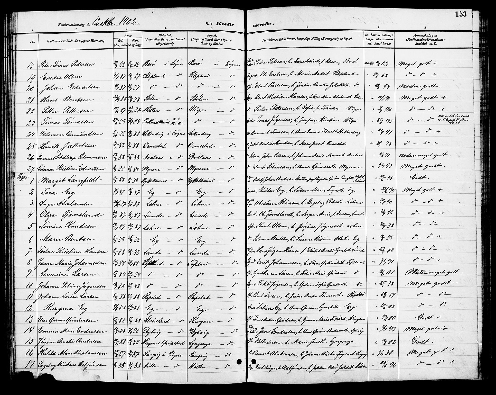 Søgne sokneprestkontor, AV/SAK-1111-0037/F/Fb/Fbb/L0006: Klokkerbok nr. B 6, 1892-1911, s. 153