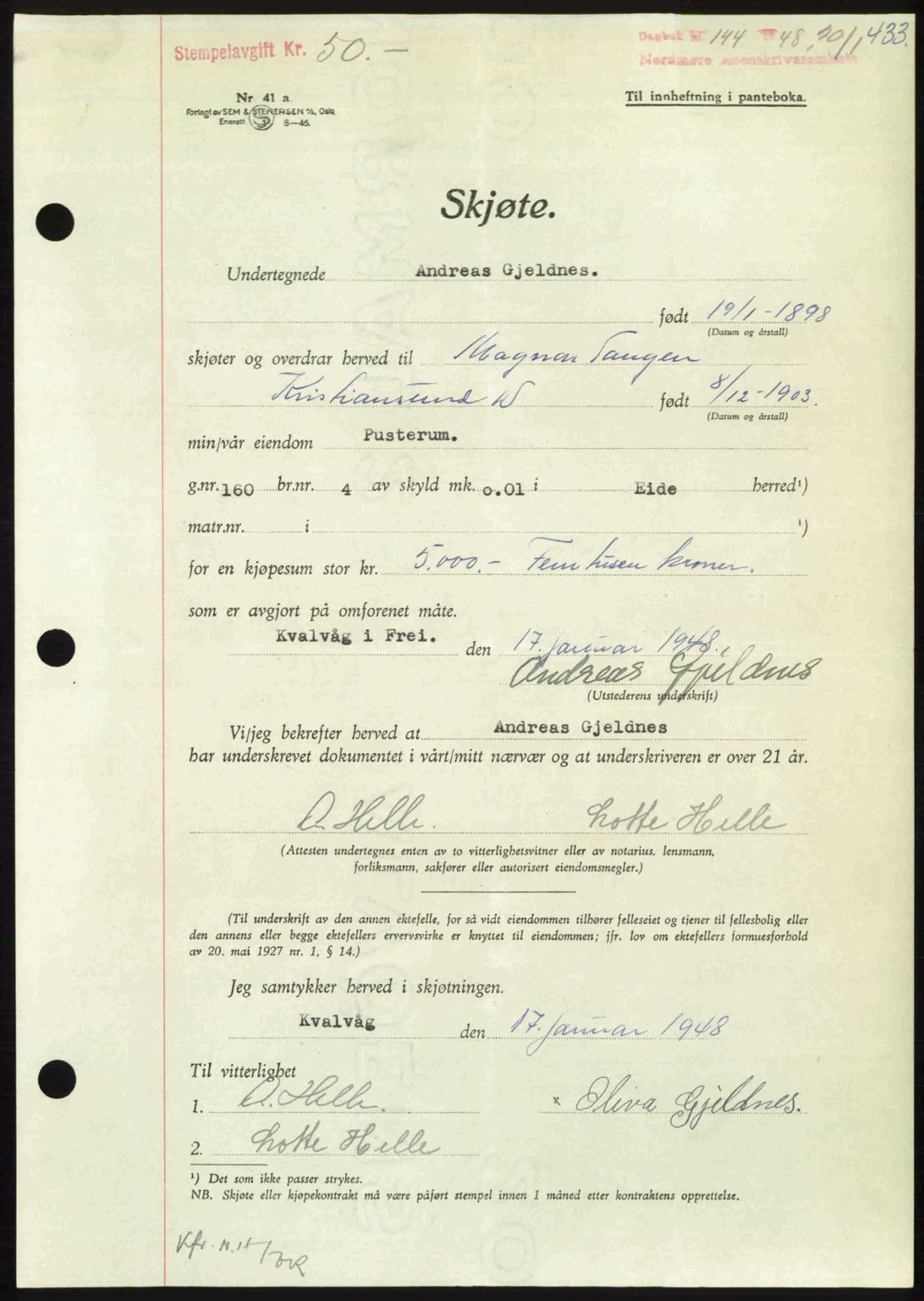 Nordmøre sorenskriveri, AV/SAT-A-4132/1/2/2Ca: Pantebok nr. A107, 1947-1948, Dagboknr: 144/1948