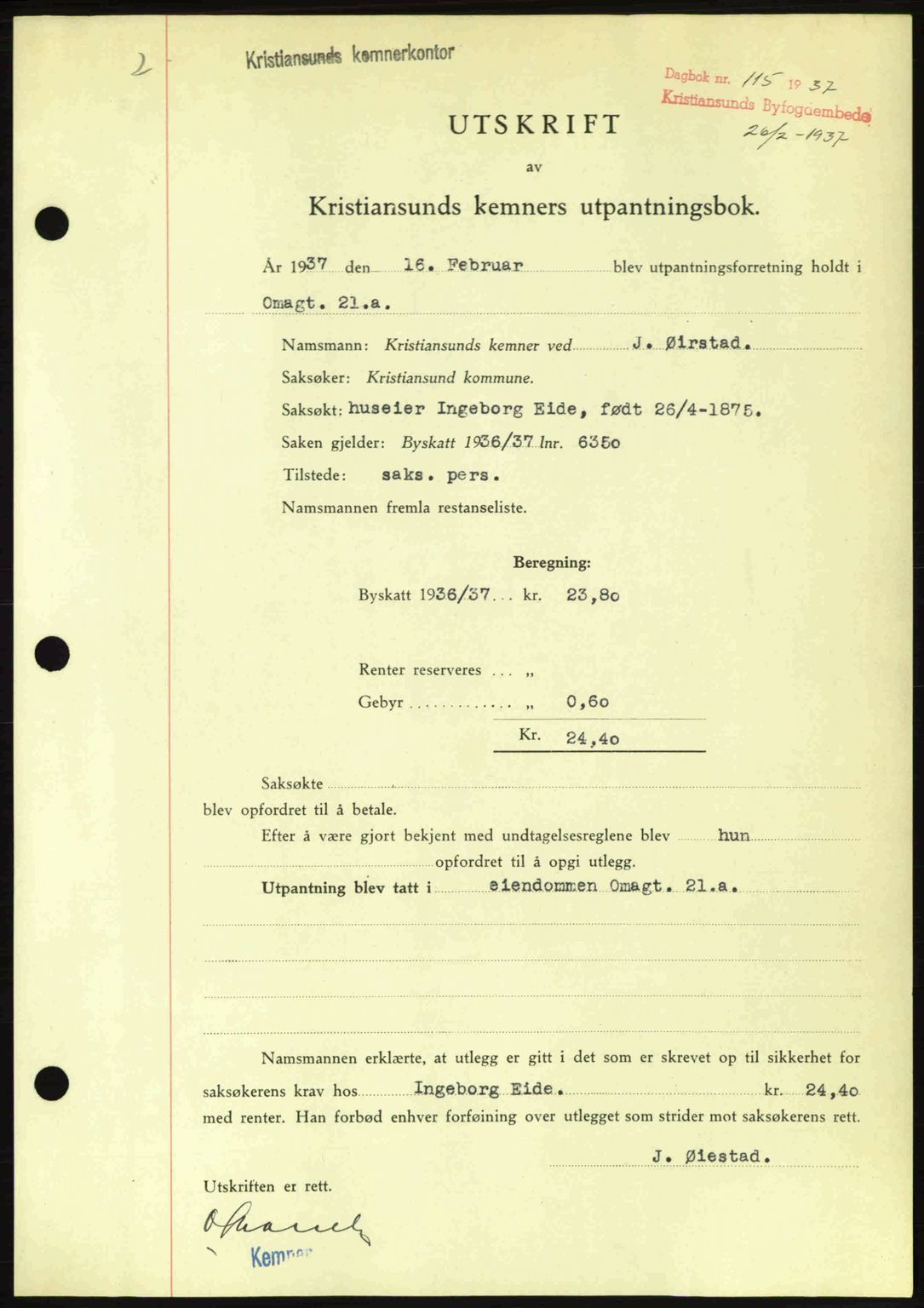 Kristiansund byfogd, SAT/A-4587/A/27: Pantebok nr. 29, 1936-1937, Dagboknr: 115/1937