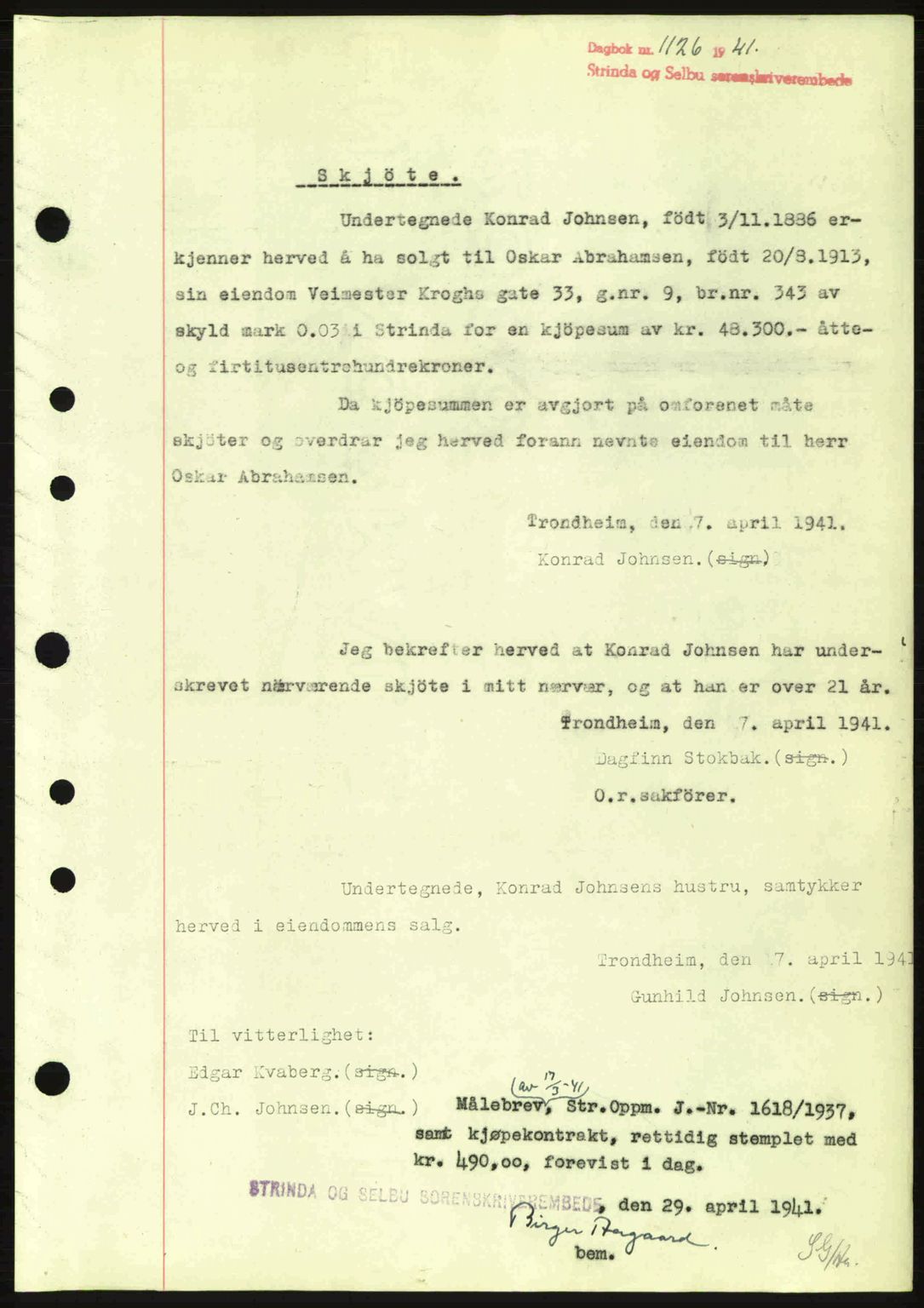 Strinda og Selbu sorenskriveri, AV/SAT-A-0015/2/2C: Pantebok nr. A9, 1940-1941, Dagboknr: 1126/1941