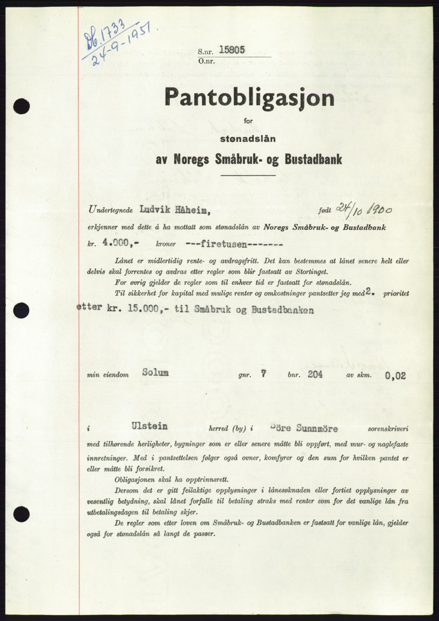 Søre Sunnmøre sorenskriveri, SAT/A-4122/1/2/2C/L0120: Pantebok nr. 8B, 1951-1951, Dagboknr: 1733/1951