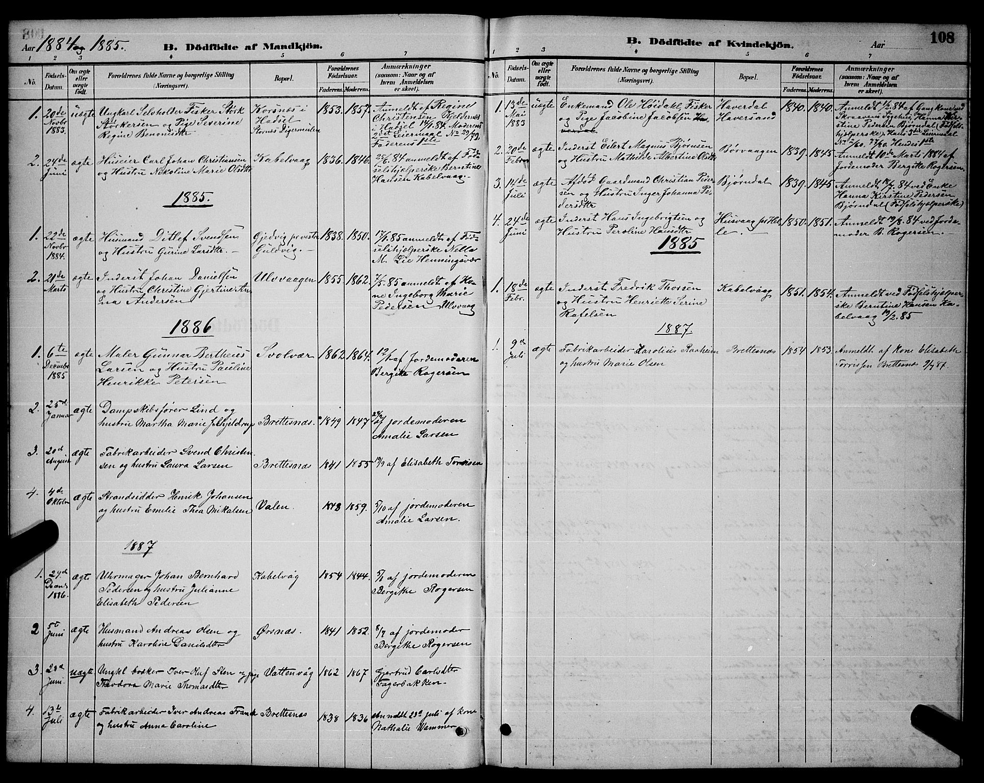 Ministerialprotokoller, klokkerbøker og fødselsregistre - Nordland, SAT/A-1459/874/L1076: Klokkerbok nr. 874C05, 1884-1890, s. 108
