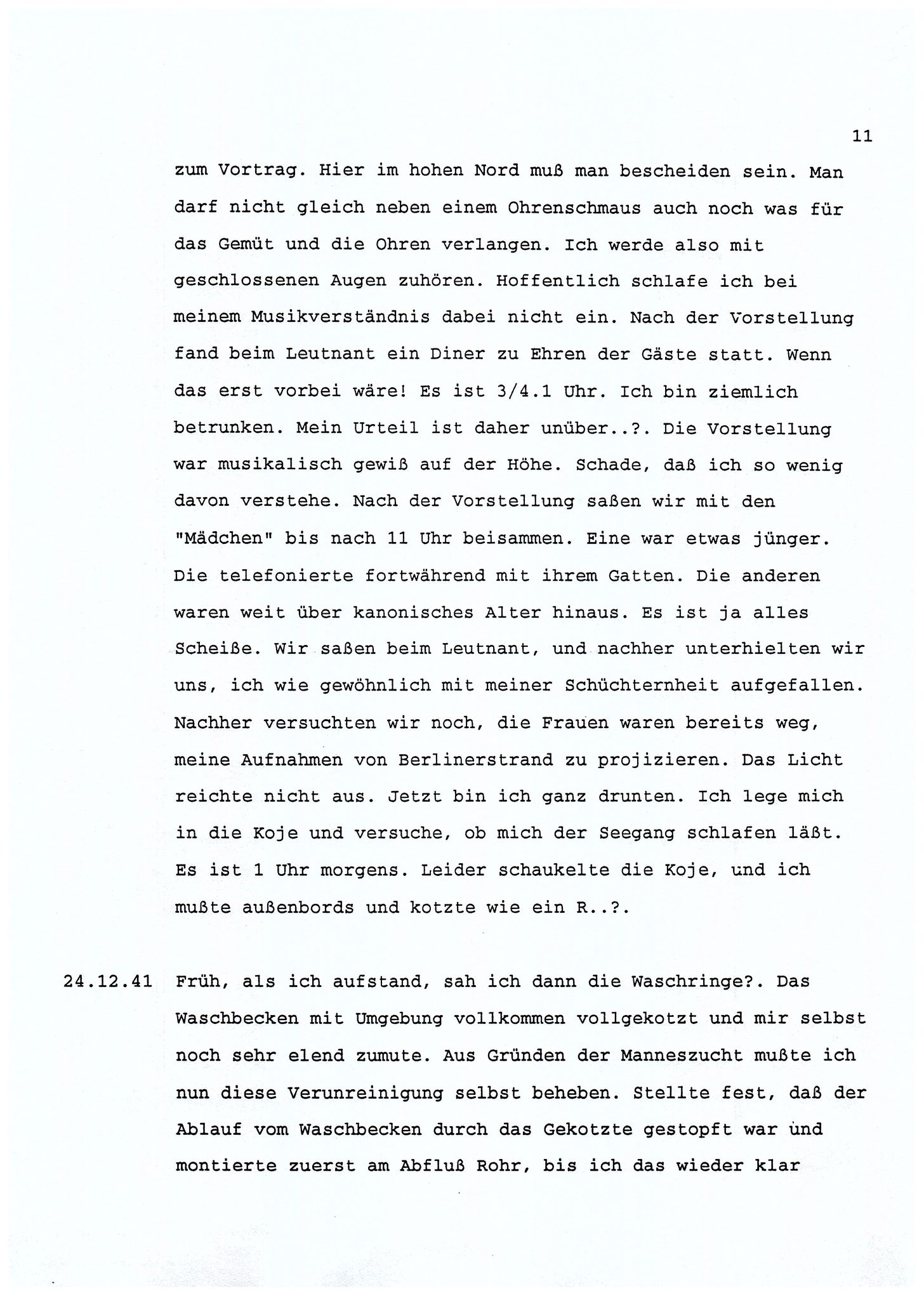 Dagbokopptegnelser av en tysk marineoffiser stasjonert i Norge , FMFB/A-1160/F/L0001: Dagbokopptegnelser av en tysk marineoffiser stasjonert i Norge, 1941-1944, s. 11