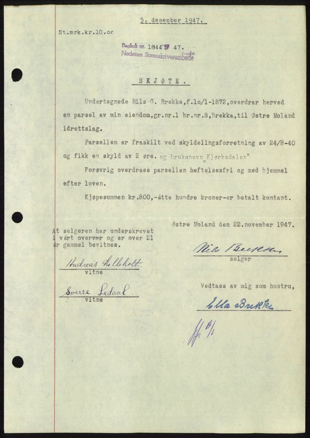 Nedenes sorenskriveri, SAK/1221-0006/G/Gb/Gba/L0058: Pantebok nr. A10, 1947-1948, Dagboknr: 1844/1947