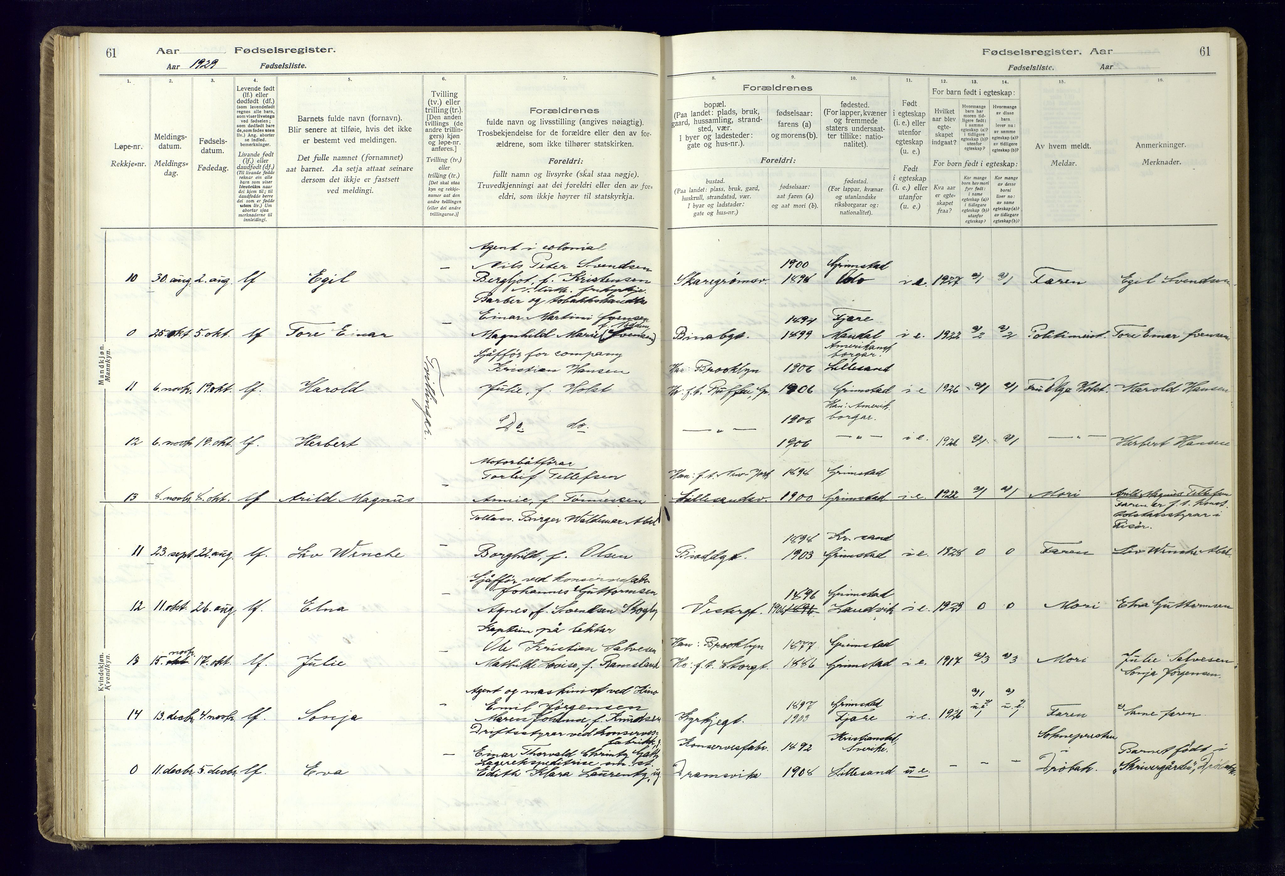 Grimstad sokneprestkontor, AV/SAK-1111-0017/J/Ja/L0001: Fødselsregister nr. 1, 1916-1960, s. 61