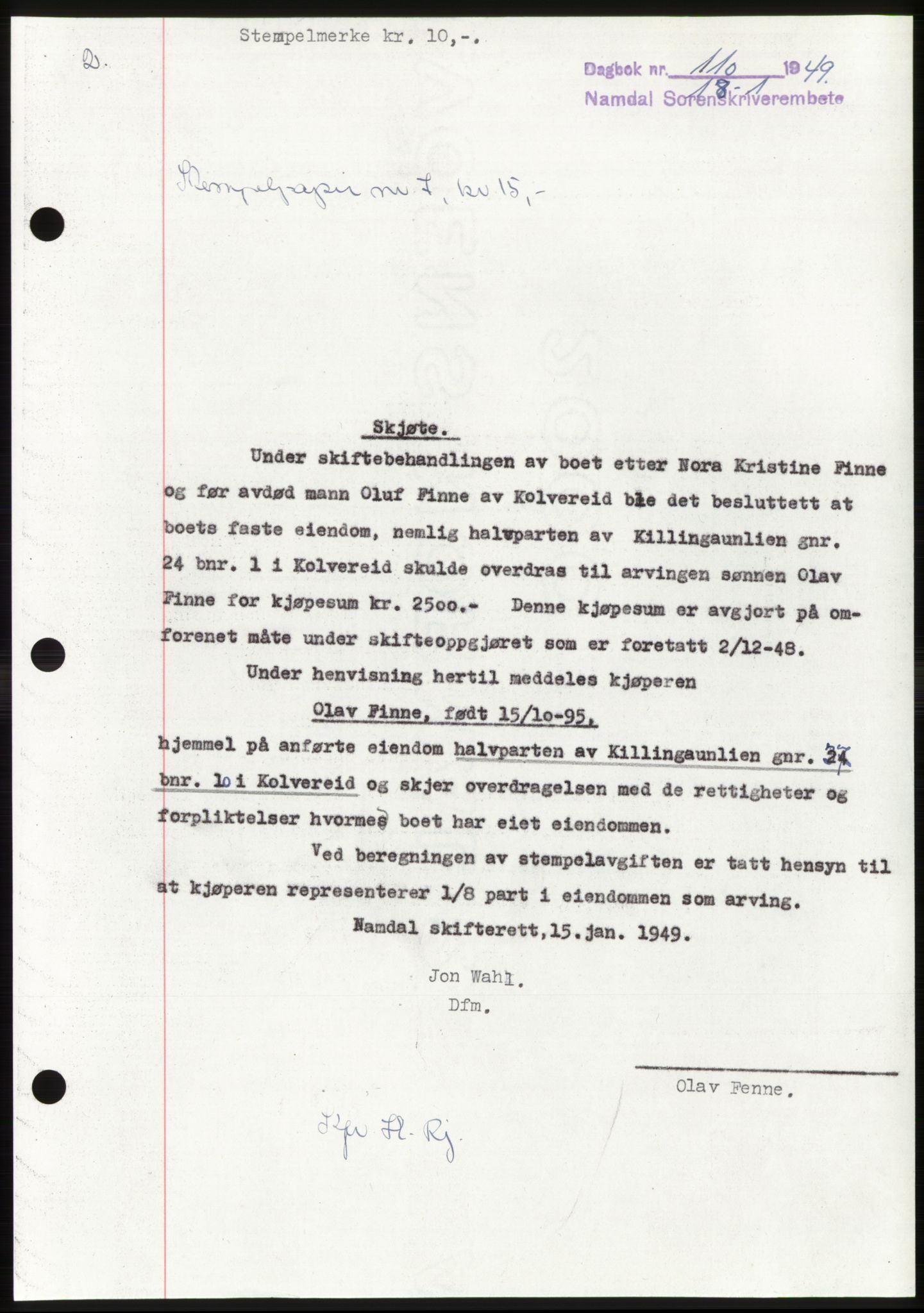 Namdal sorenskriveri, SAT/A-4133/1/2/2C: Pantebok nr. -, 1949-1949, Dagboknr: 110/1949
