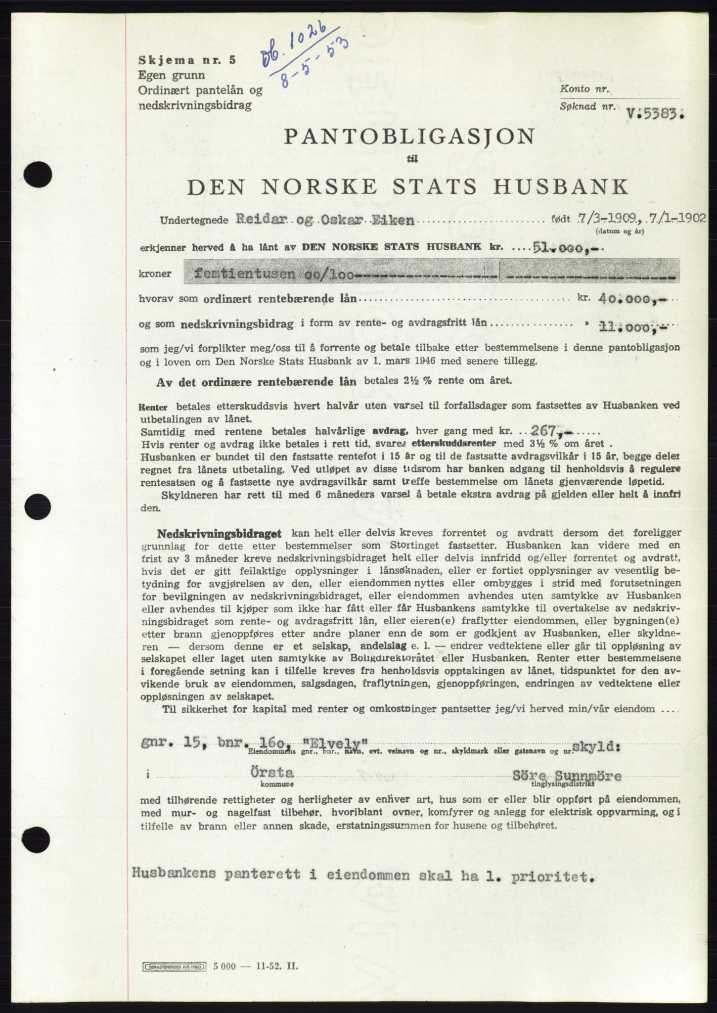 Søre Sunnmøre sorenskriveri, SAT/A-4122/1/2/2C/L0123: Pantebok nr. 11B, 1953-1953, Dagboknr: 1026/1953