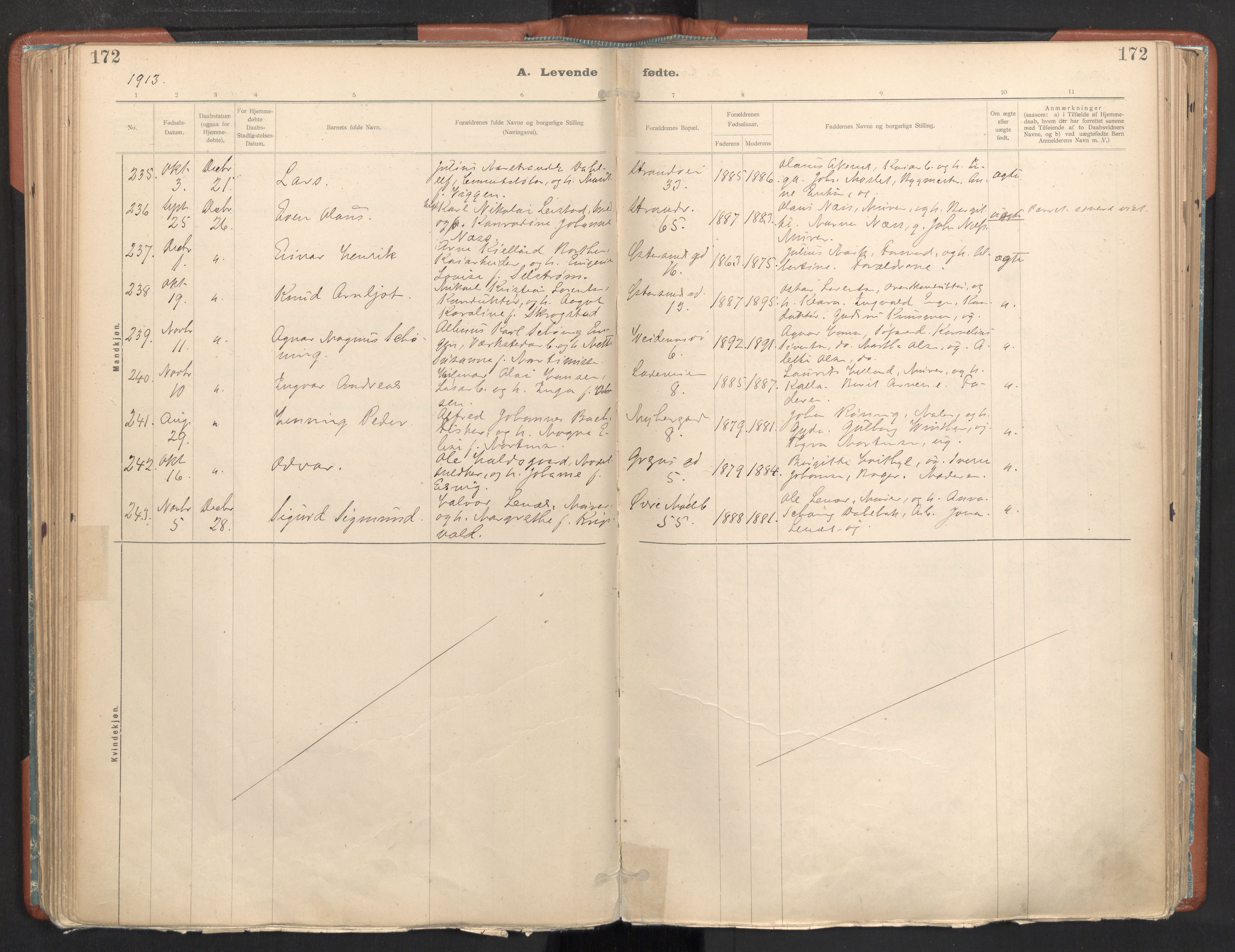 Ministerialprotokoller, klokkerbøker og fødselsregistre - Sør-Trøndelag, AV/SAT-A-1456/605/L0243: Ministerialbok nr. 605A05, 1908-1923, s. 172