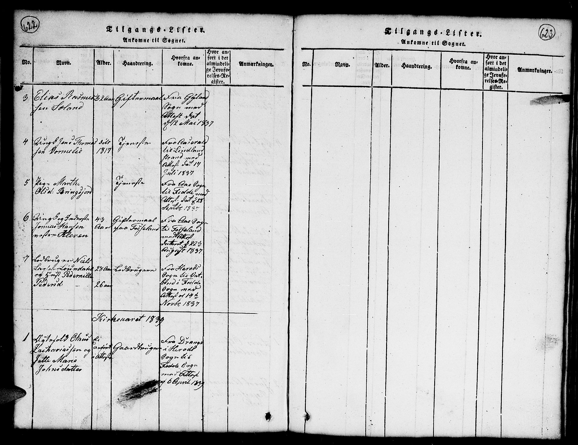 Kvinesdal sokneprestkontor, SAK/1111-0026/F/Fb/Fba/L0001: Klokkerbok nr. B 1, 1815-1839, s. 622-623