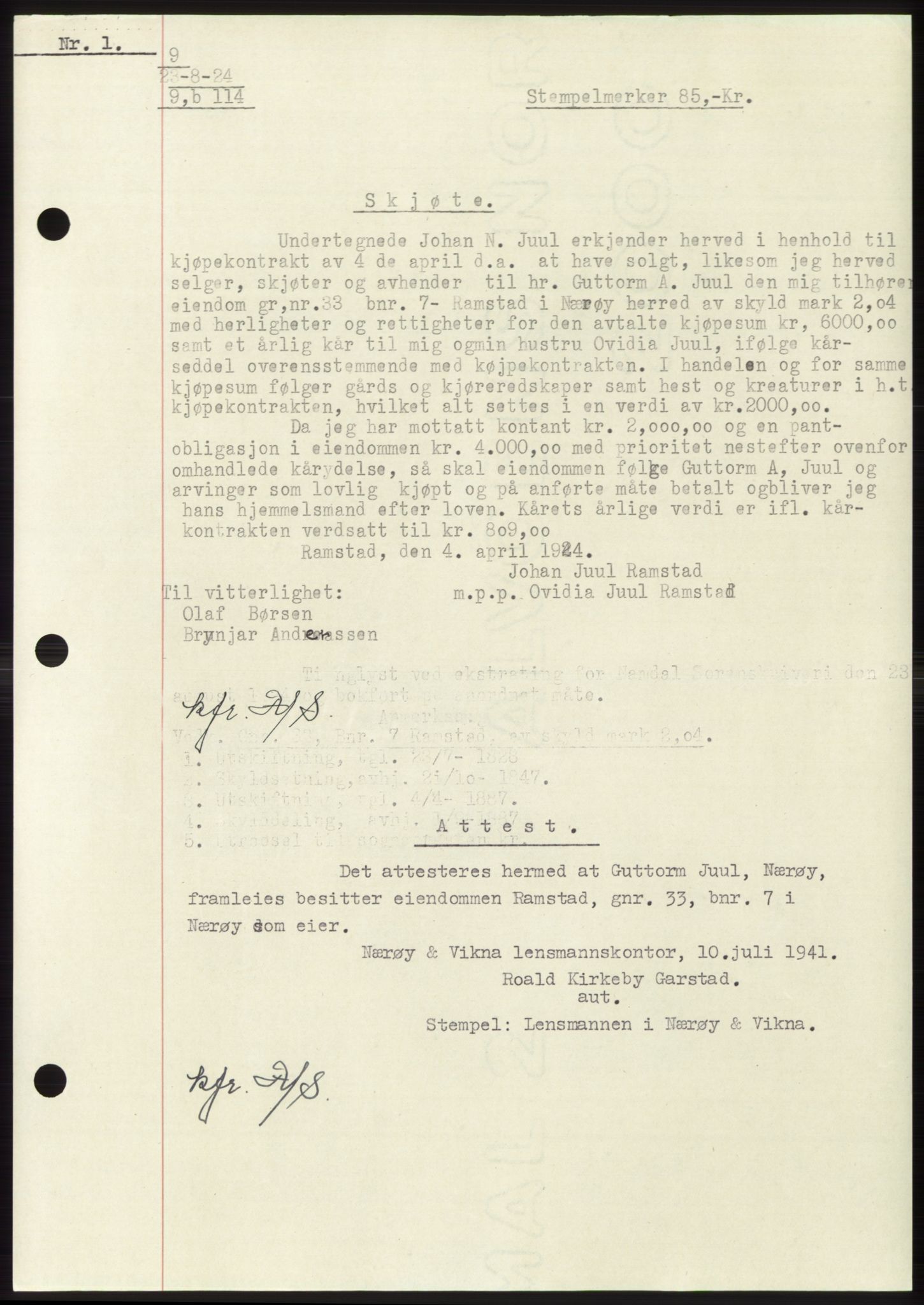 Namdal sorenskriveri, SAT/A-4133/1/2/2C: Pantebok nr. -, 1922-1925, Tingl.dato: 23.08.1924