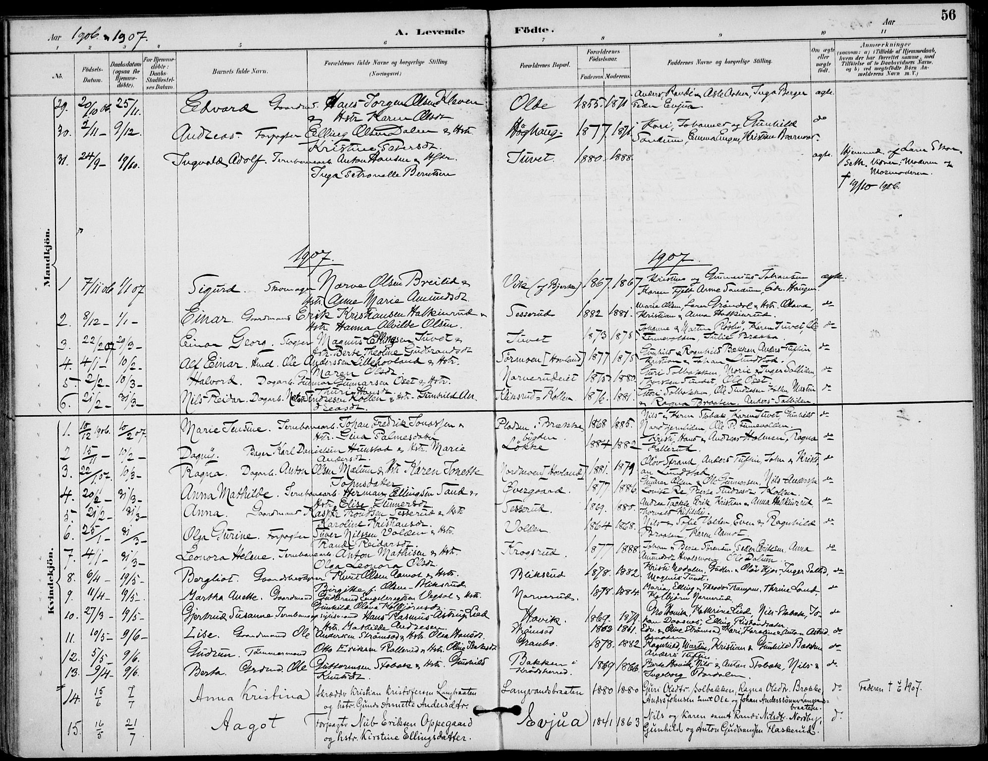 Lunder kirkebøker, AV/SAKO-A-629/F/Fa/L0001: Ministerialbok nr. I 1, 1885-1912, s. 56