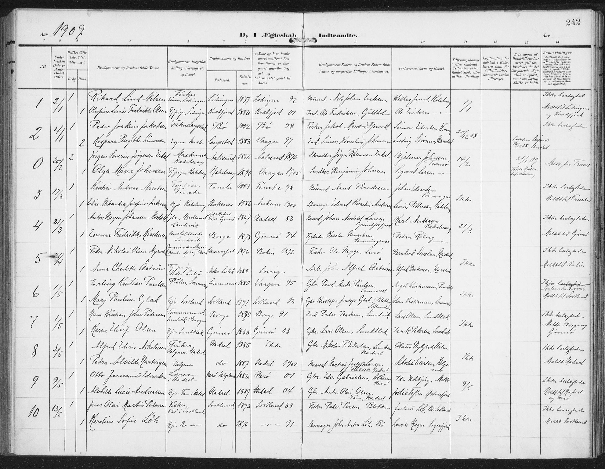 Ministerialprotokoller, klokkerbøker og fødselsregistre - Nordland, AV/SAT-A-1459/874/L1063: Ministerialbok nr. 874A07, 1907-1915, s. 242