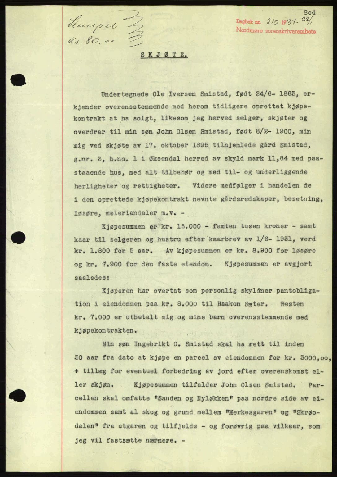 Nordmøre sorenskriveri, SAT/A-4132/1/2/2Ca: Pantebok nr. A80, 1936-1937, Dagboknr: 210/1937