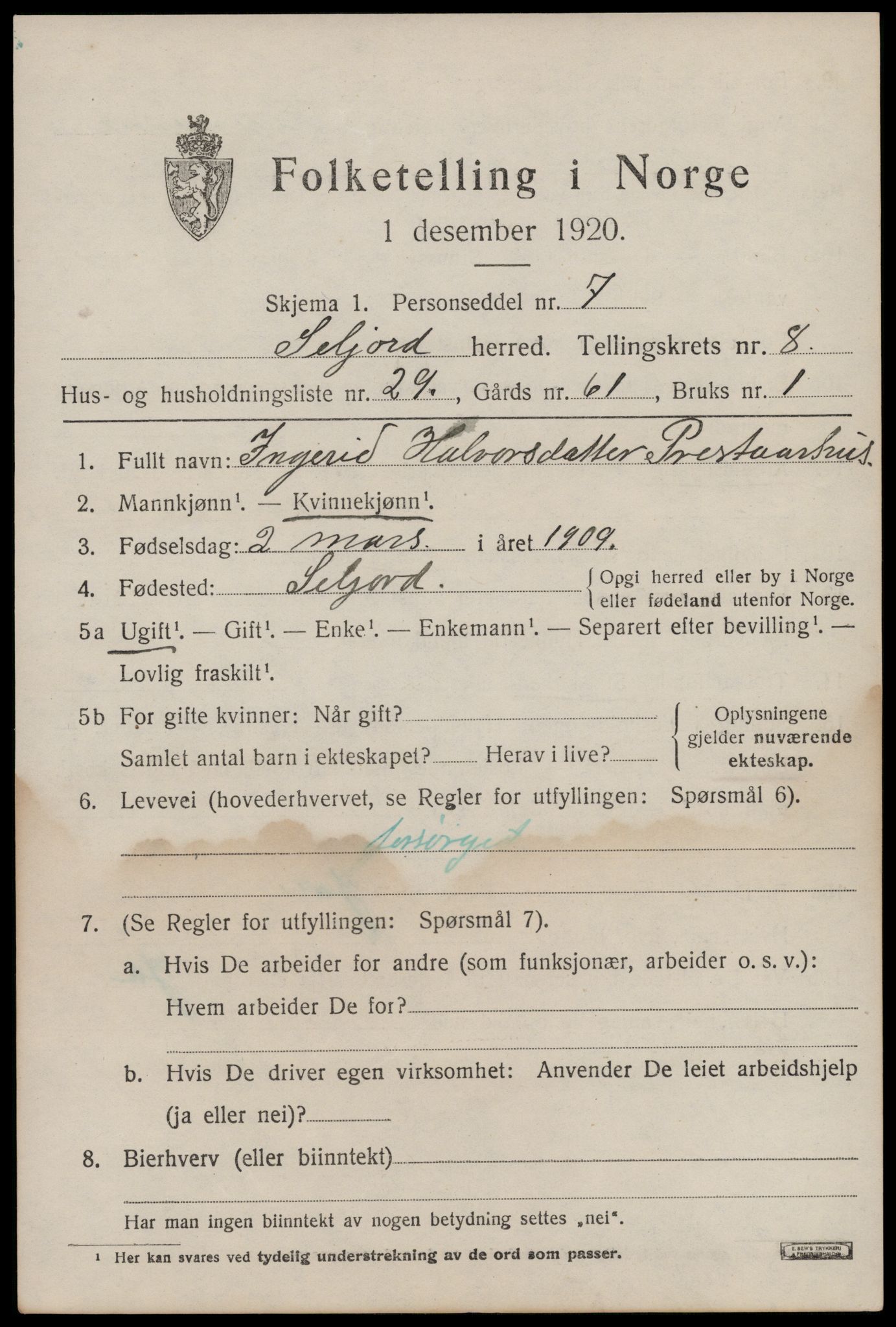 SAKO, Folketelling 1920 for 0828 Seljord herred, 1920, s. 4208