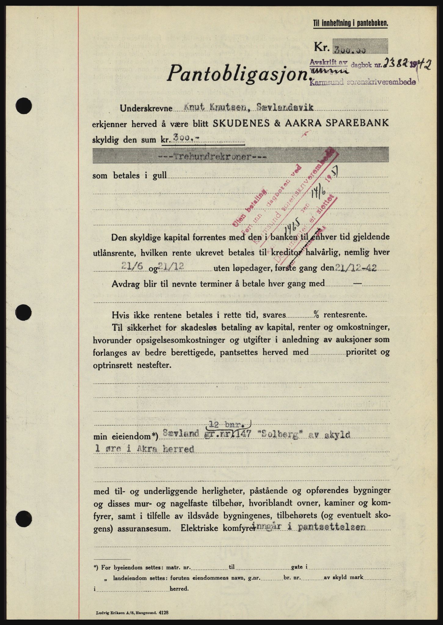 Karmsund sorenskriveri, SAST/A-100311/01/II/IIBBE/L0008: Pantebok nr. B 54, 1942-1943, Dagboknr: 2382/1942