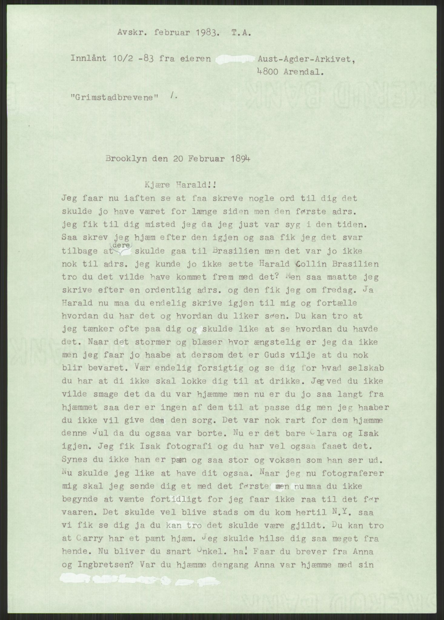 Samlinger til kildeutgivelse, Amerikabrevene, AV/RA-EA-4057/F/L0025: Innlån fra Aust-Agder: Aust-Agder-Arkivet, Grimstadbrevene, 1838-1914, s. 17