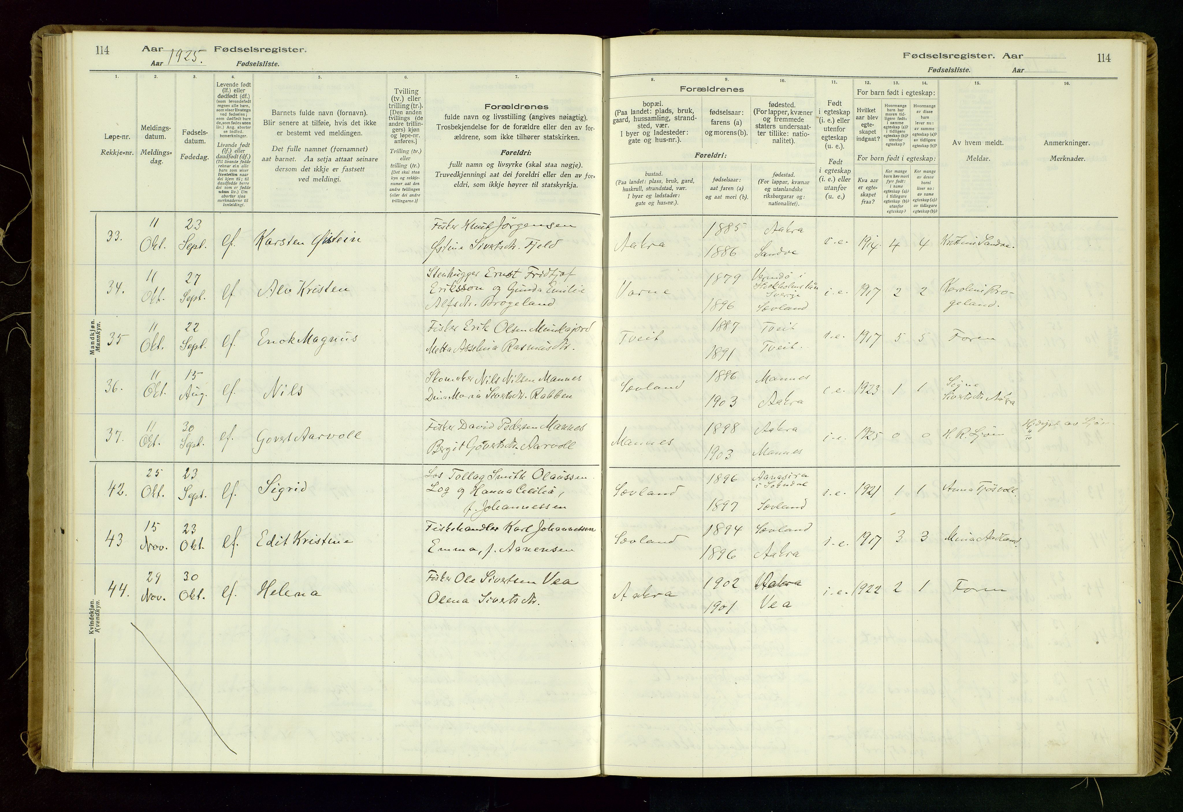 Kopervik sokneprestkontor, AV/SAST-A-101850/I/Id/L0006: Fødselsregister nr. 6, 1916-1934, s. 114