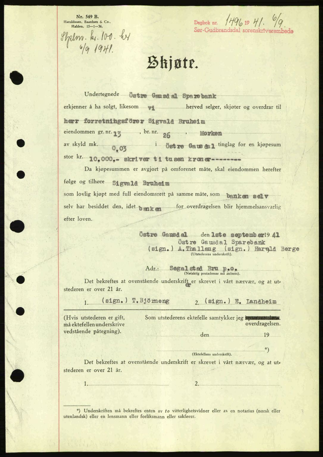 Sør-Gudbrandsdal tingrett, SAH/TING-004/H/Hb/Hbd/L0009: Pantebok nr. A9, 1941-1941, Dagboknr: 1496/1941