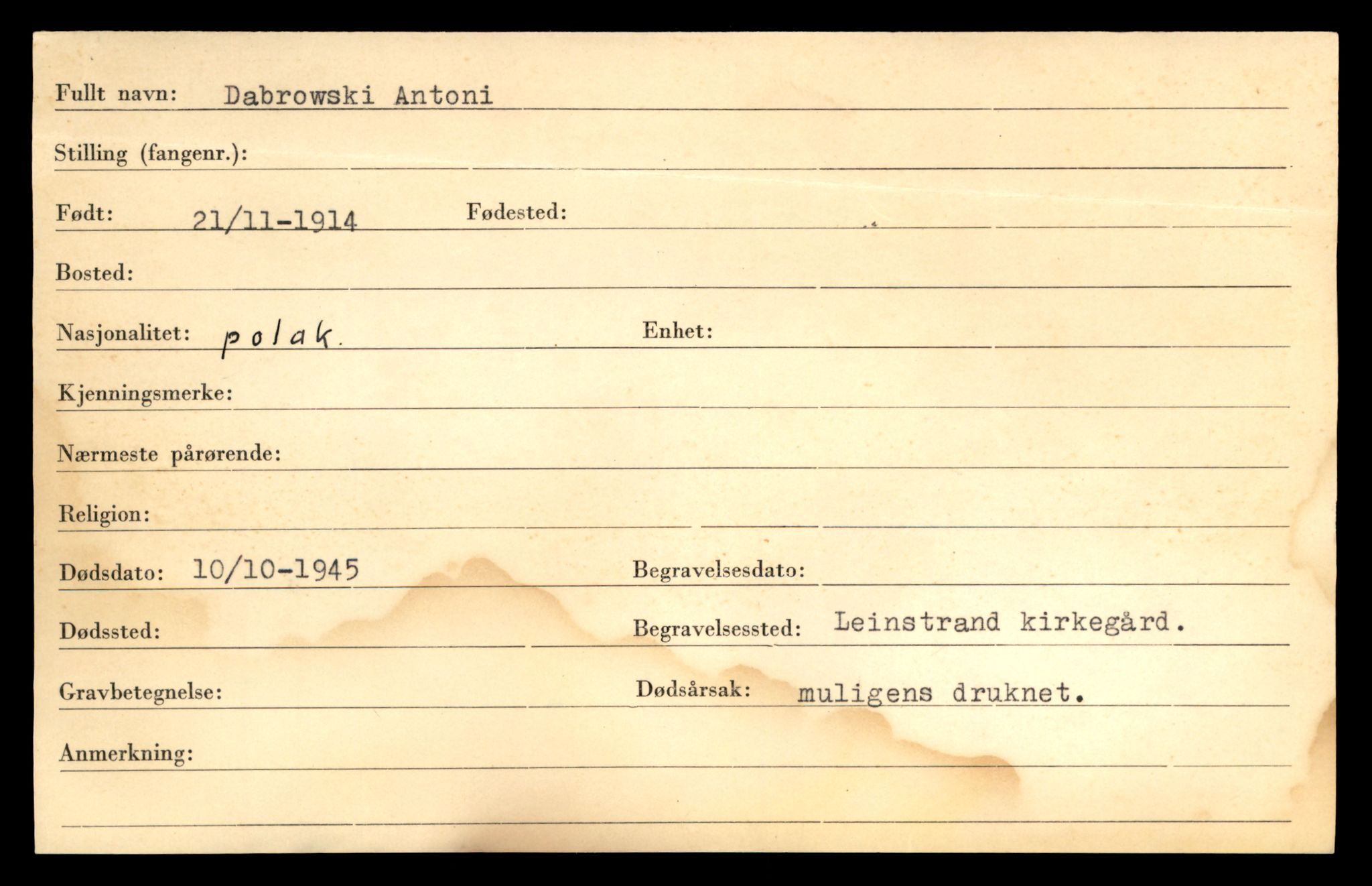 Distriktskontoret for krigsgraver, SAT/A-5030/E/L0005: Kasett/kartotek over falne Britiske og tyske solater, samt andre nasjoners krigsgraver, 1945, s. 123