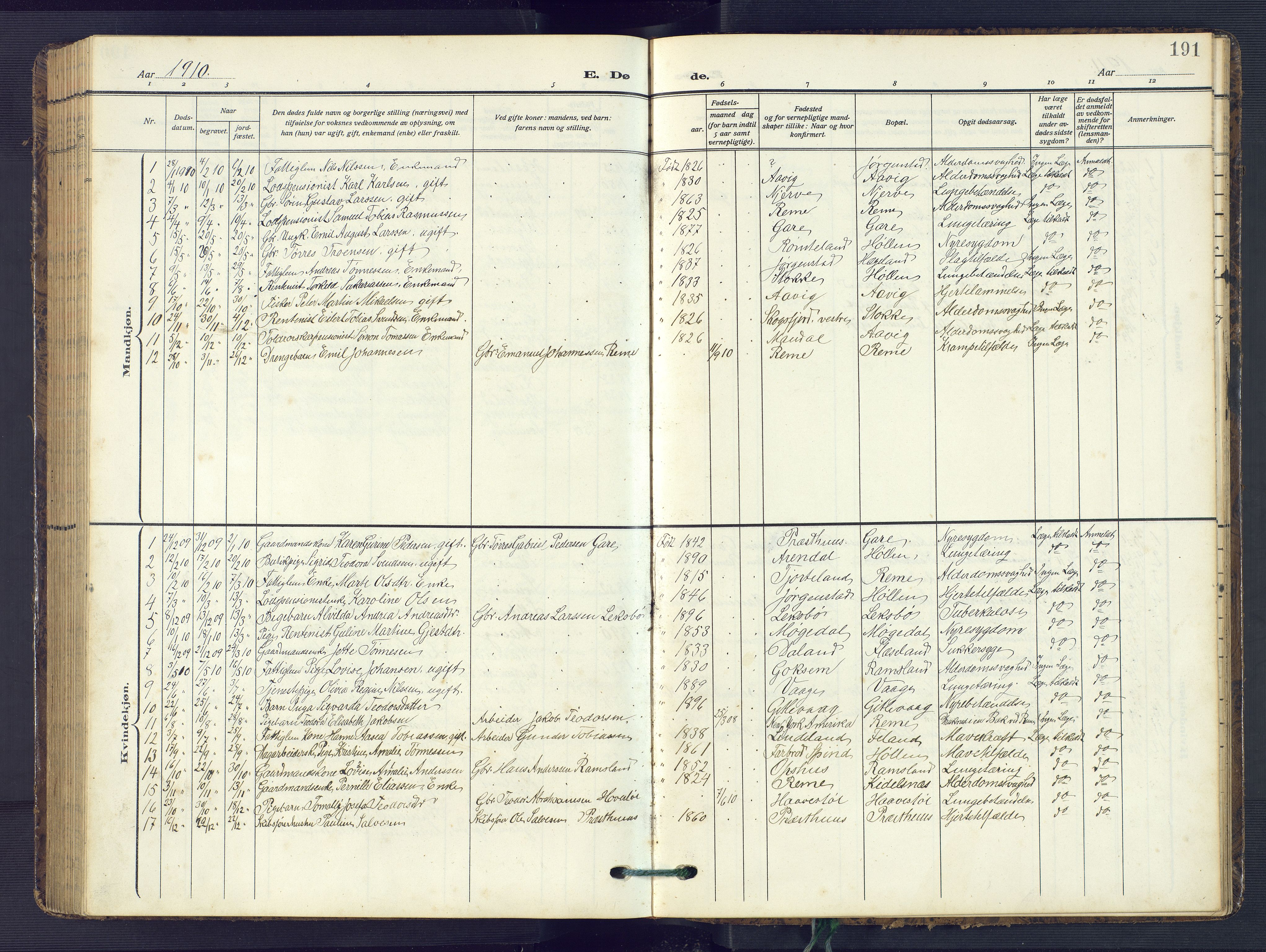 Sør-Audnedal sokneprestkontor, SAK/1111-0039/F/Fb/Fba/L0005: Klokkerbok nr. B 5, 1908-1963, s. 191