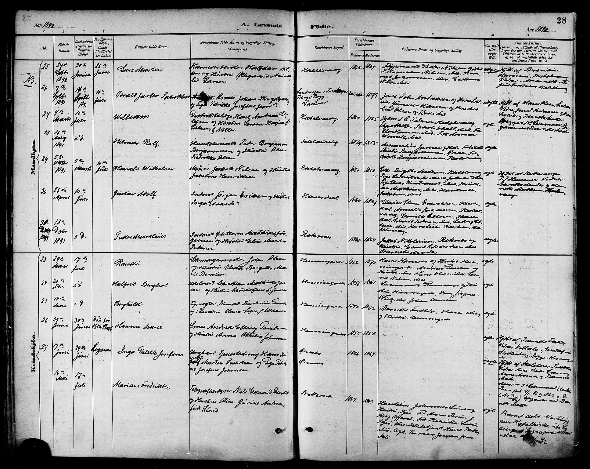 Ministerialprotokoller, klokkerbøker og fødselsregistre - Nordland, SAT/A-1459/874/L1060: Ministerialbok nr. 874A04, 1890-1899, s. 28