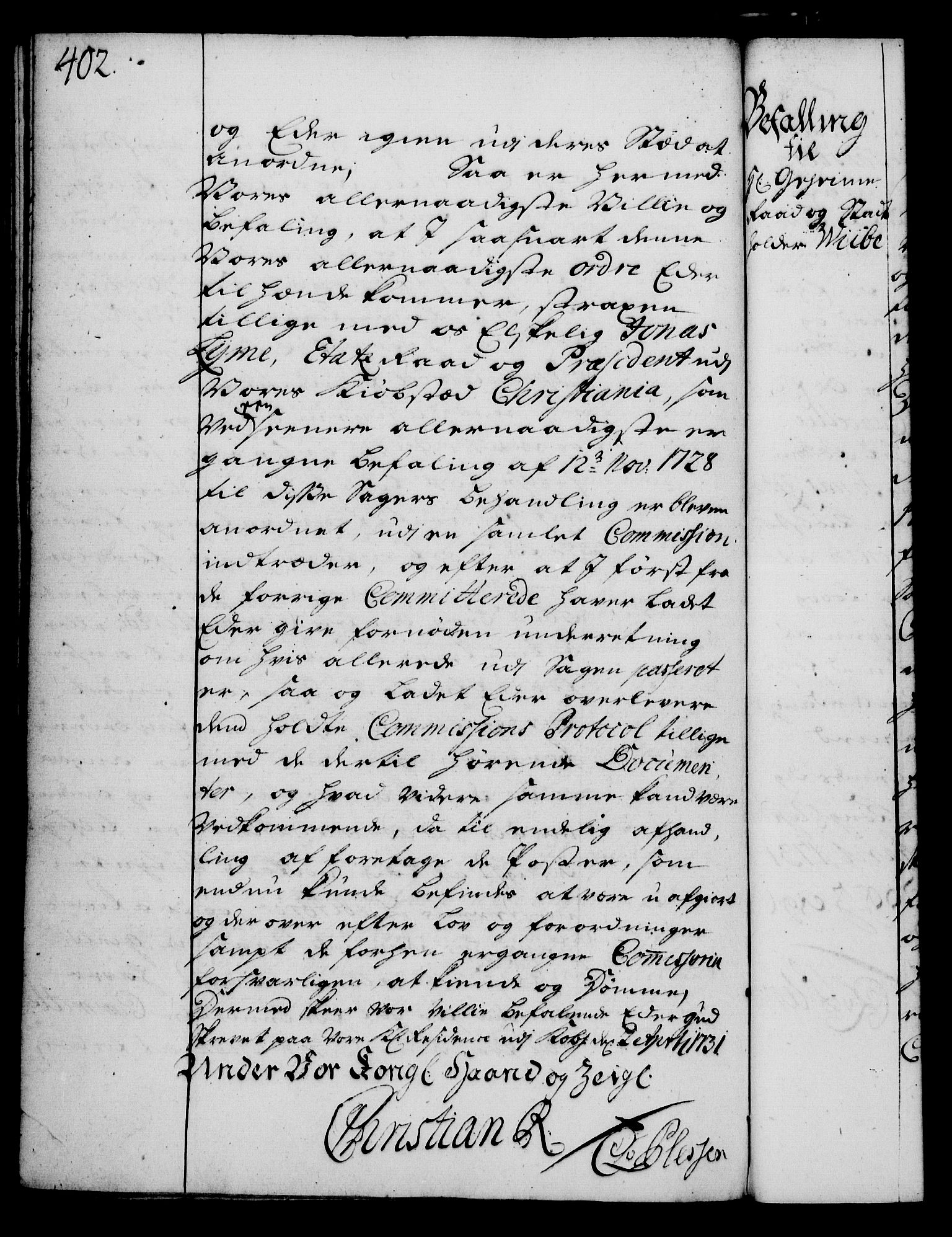 Rentekammeret, Kammerkanselliet, RA/EA-3111/G/Gg/Gga/L0003: Norsk ekspedisjonsprotokoll med register (merket RK 53.3), 1727-1734, s. 402