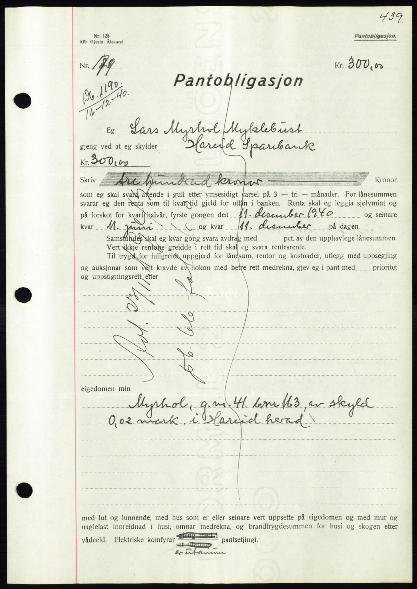 Søre Sunnmøre sorenskriveri, AV/SAT-A-4122/1/2/2C/L0070: Pantebok nr. 64, 1940-1941, Dagboknr: 1190/1940