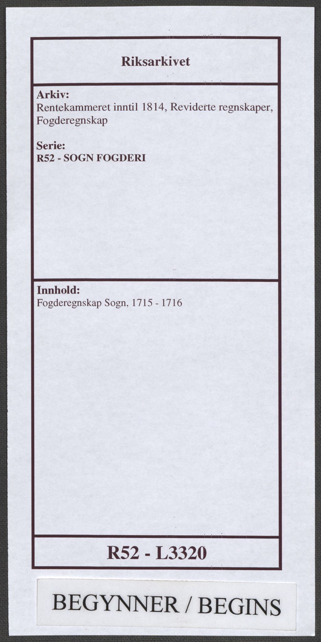 Rentekammeret inntil 1814, Reviderte regnskaper, Fogderegnskap, RA/EA-4092/R52/L3320: Fogderegnskap Sogn, 1715-1716, s. 1