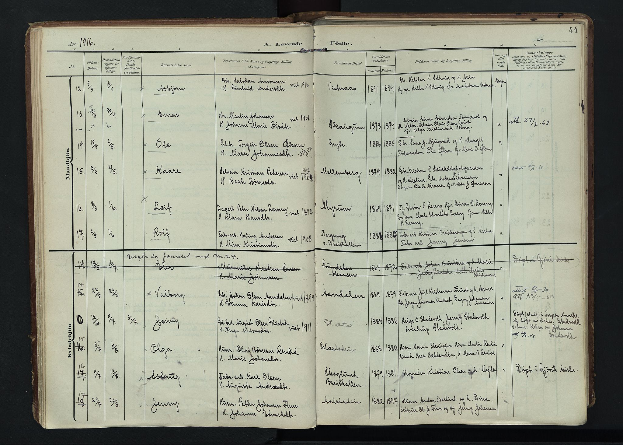 Vardal prestekontor, SAH/PREST-100/H/Ha/Haa/L0020: Ministerialbok nr. 20, 1907-1921, s. 44