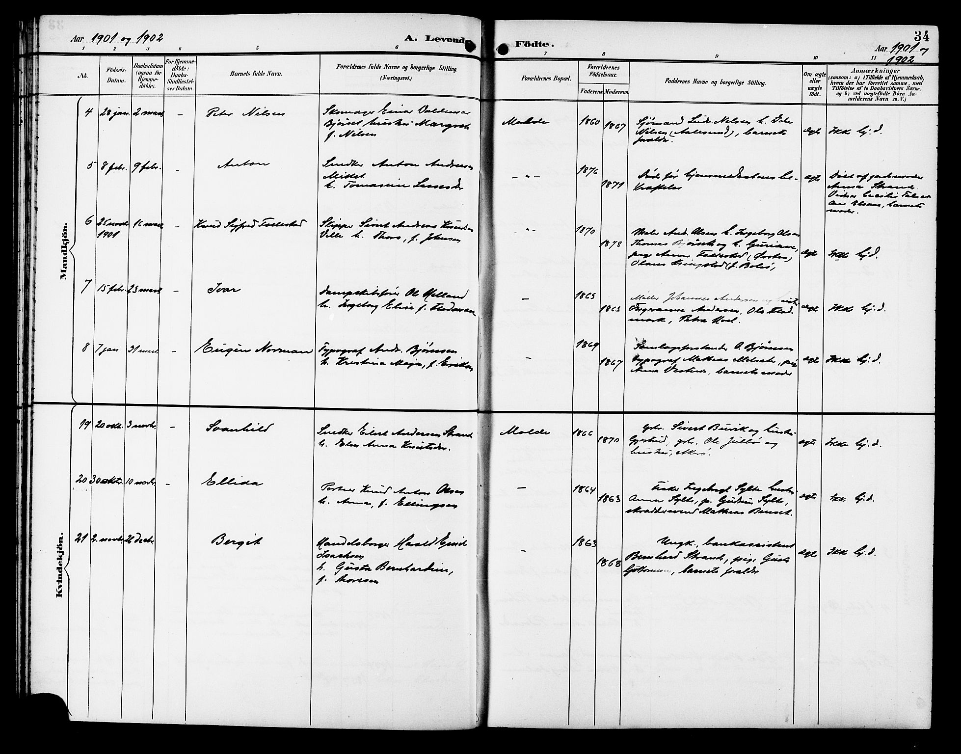 Ministerialprotokoller, klokkerbøker og fødselsregistre - Møre og Romsdal, SAT/A-1454/558/L0702: Klokkerbok nr. 558C03, 1894-1915, s. 34