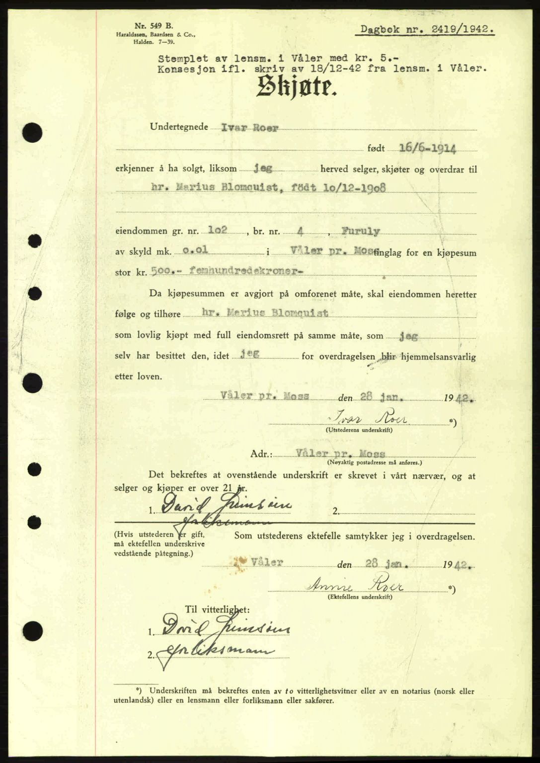 Moss sorenskriveri, SAO/A-10168: Pantebok nr. A10, 1942-1943, Dagboknr: 2419/1942