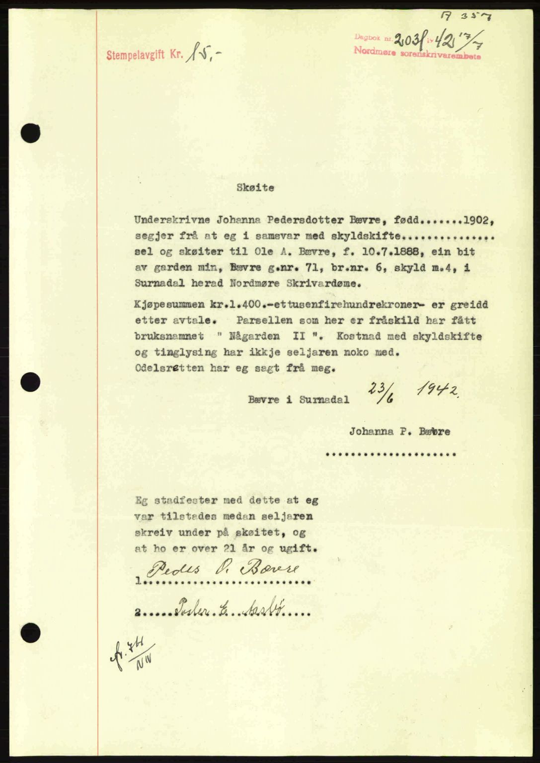 Nordmøre sorenskriveri, SAT/A-4132/1/2/2Ca: Pantebok nr. A93, 1942-1942, Dagboknr: 2031/1942