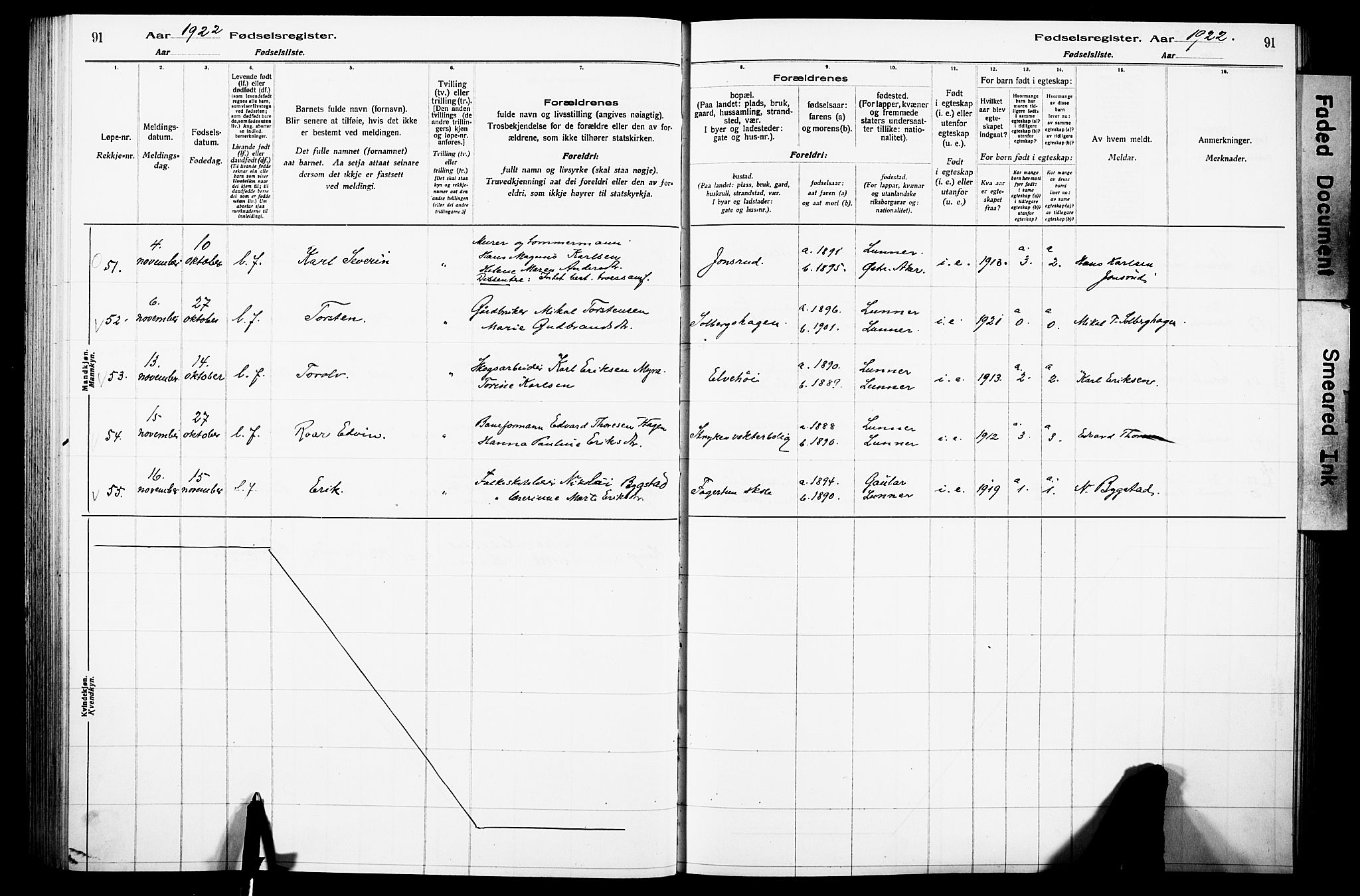 Lunner prestekontor, SAH/PREST-118/I/Id/L0001: Fødselsregister nr. 1, 1916-1932, s. 91