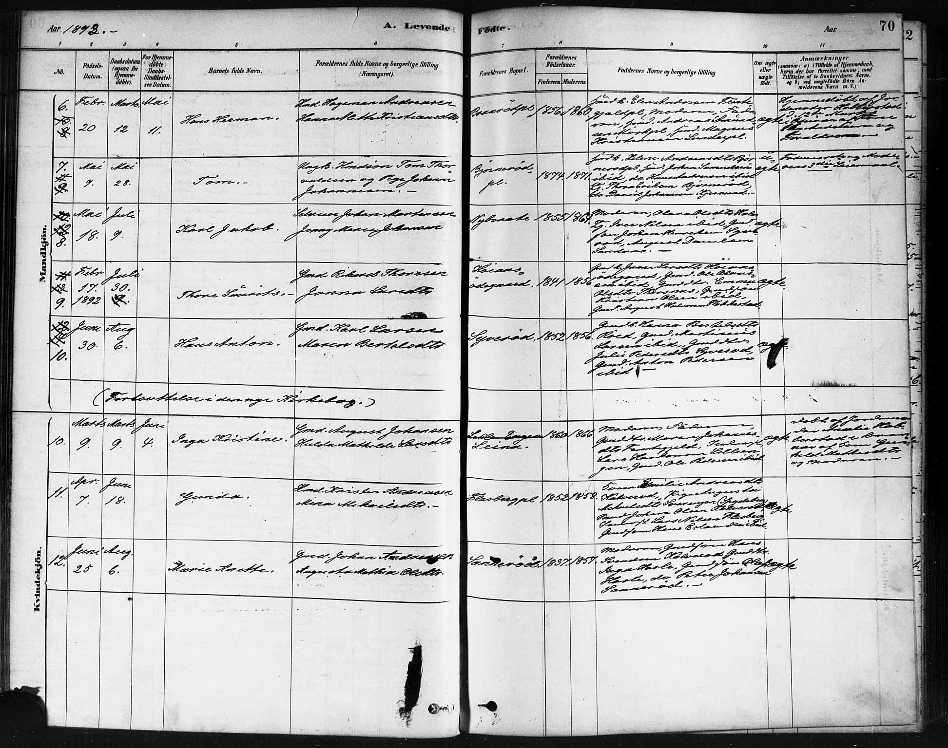 Våler prestekontor Kirkebøker, AV/SAO-A-11083/F/Fa/L0010: Ministerialbok nr. I 10, 1878-1896, s. 70