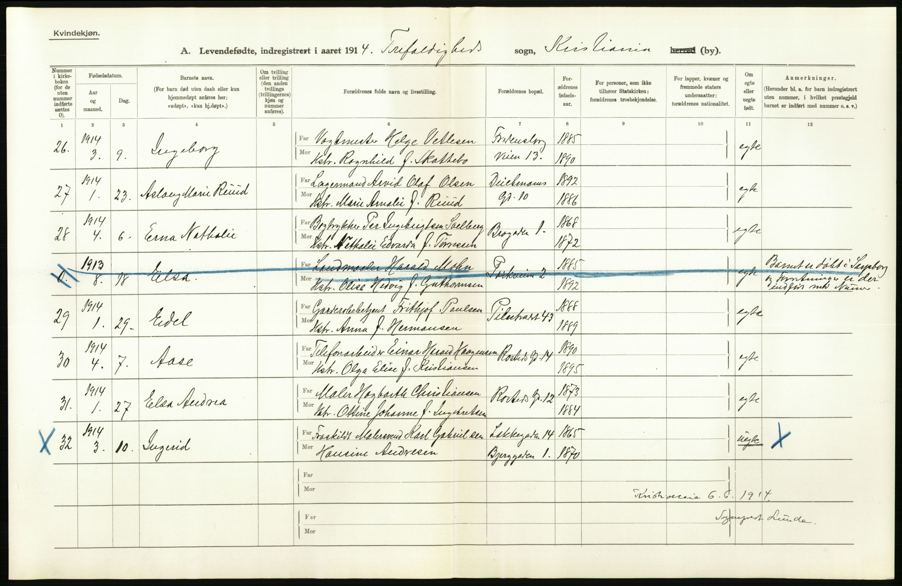 Statistisk sentralbyrå, Sosiodemografiske emner, Befolkning, AV/RA-S-2228/D/Df/Dfb/Dfbd/L0006: Kristiania: Levendefødte menn og kvinner., 1914, s. 248