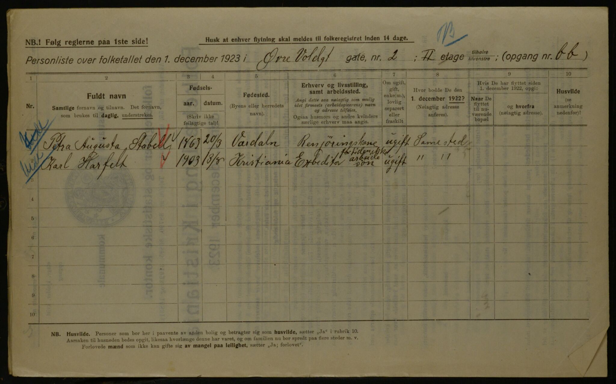 OBA, Kommunal folketelling 1.12.1923 for Kristiania, 1923, s. 143307