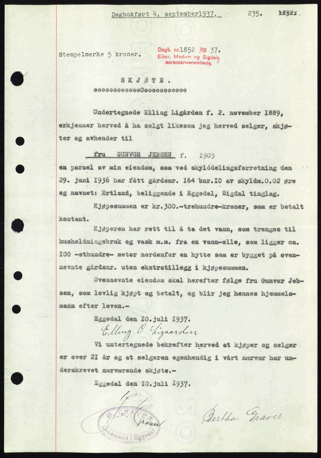 Eiker, Modum og Sigdal sorenskriveri, SAKO/A-123/G/Ga/Gab/L0036: Pantebok nr. A6, 1937-1937, Dagboknr: 1852/1937
