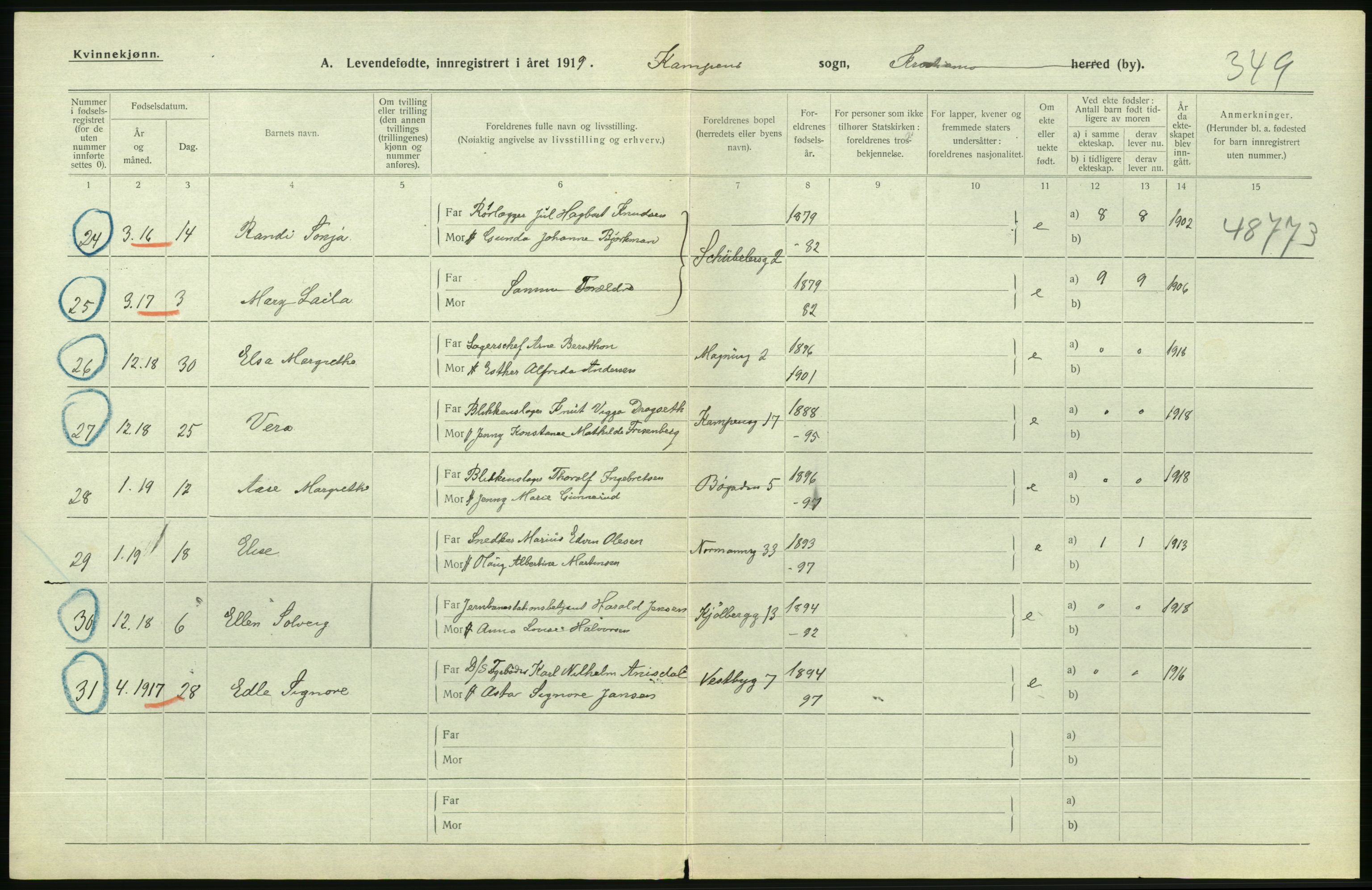 Statistisk sentralbyrå, Sosiodemografiske emner, Befolkning, AV/RA-S-2228/D/Df/Dfb/Dfbi/L0008: Kristiania: Levendefødte menn og kvinner., 1919