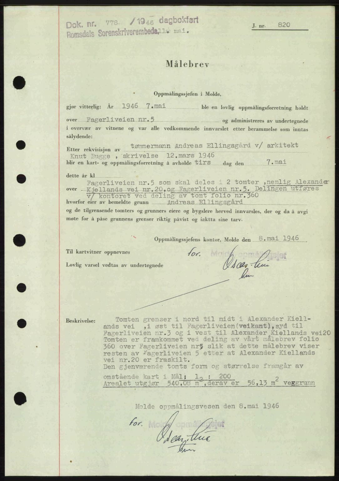 Romsdal sorenskriveri, SAT/A-4149/1/2/2C: Pantebok nr. A19, 1946-1946, Dagboknr: 778/1946