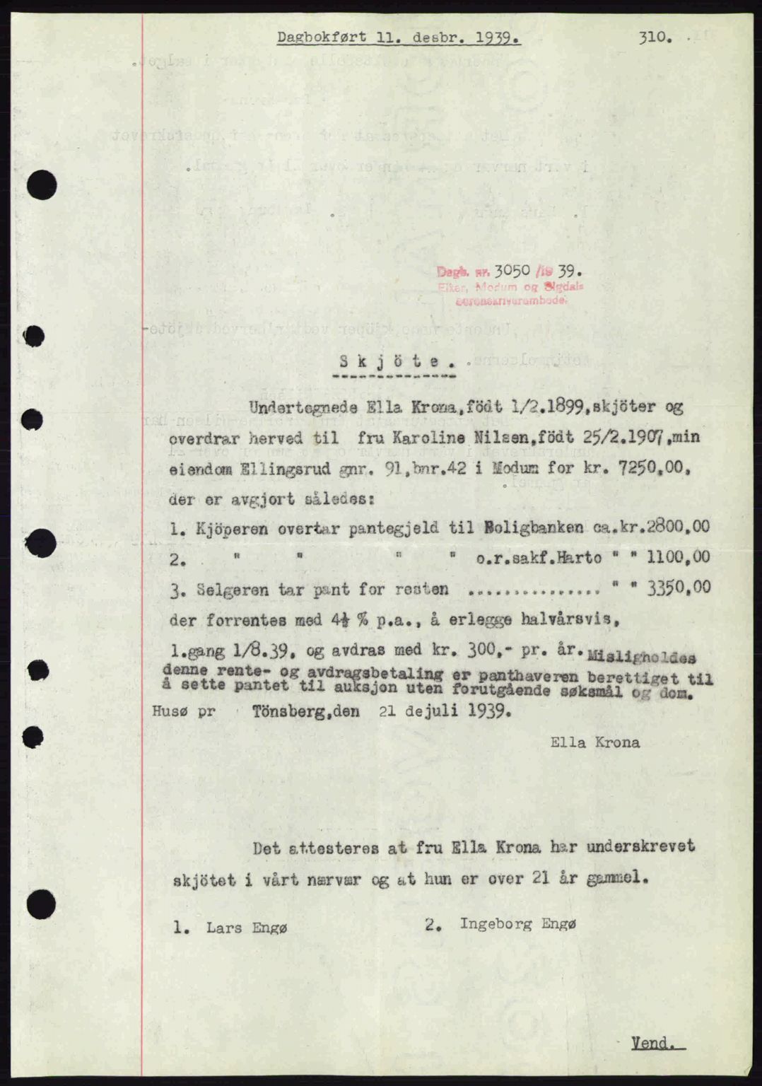 Eiker, Modum og Sigdal sorenskriveri, SAKO/A-123/G/Ga/Gab/L0041: Pantebok nr. A11, 1939-1940, Dagboknr: 3050/1939