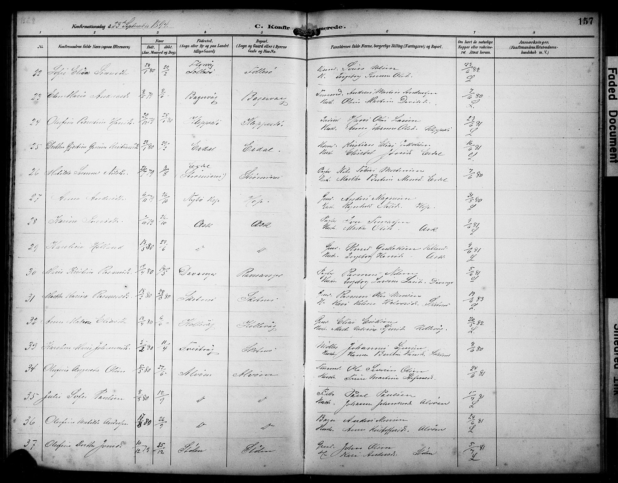 Askøy Sokneprestembete, AV/SAB-A-74101/H/Ha/Hab/Haba/L0009: Klokkerbok nr. A 9, 1894-1903, s. 157