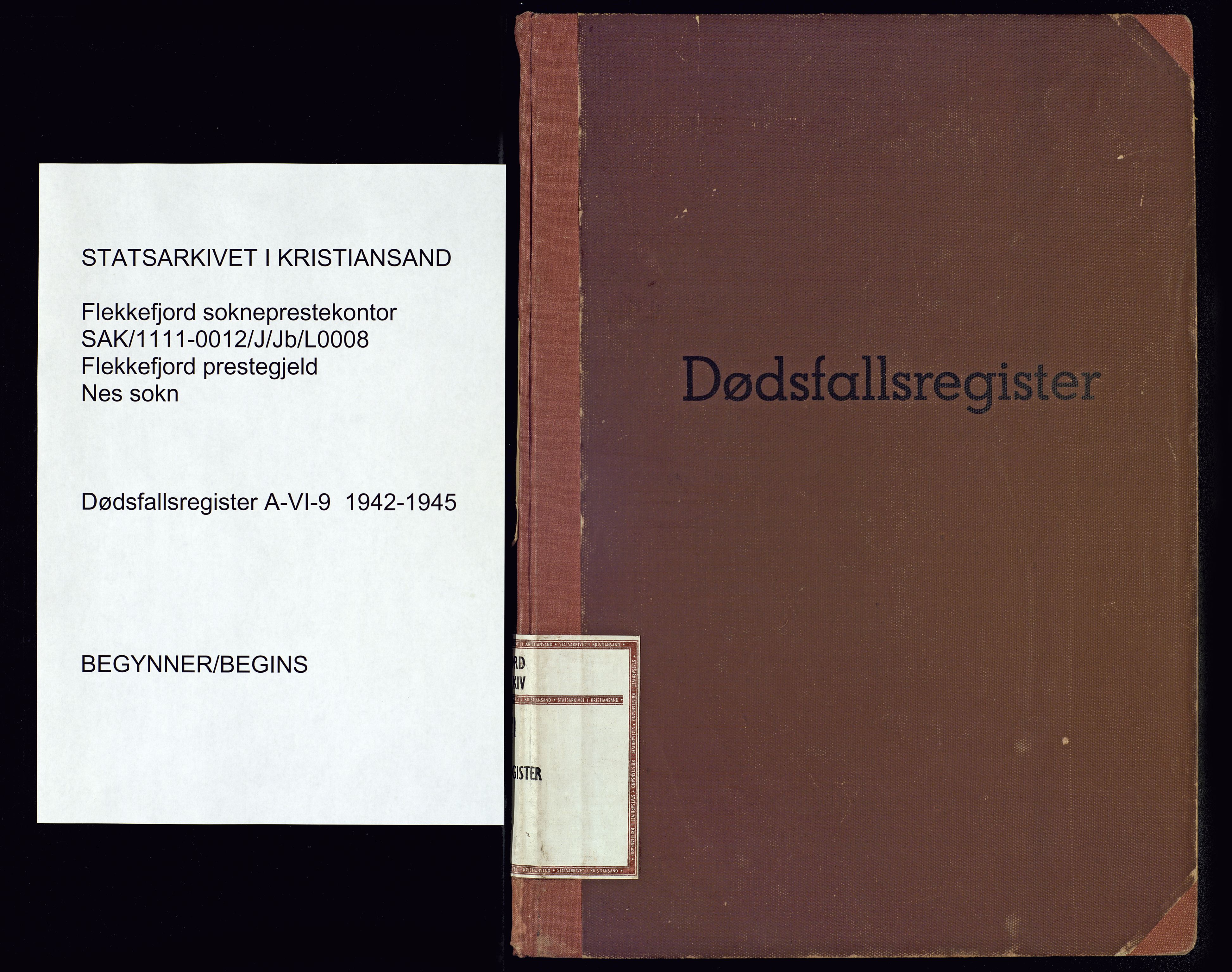 Flekkefjord sokneprestkontor, SAK/1111-0012/J/Jb/L0008: A-VI-9 - Dødsfallsregister Nes, 1942-1945