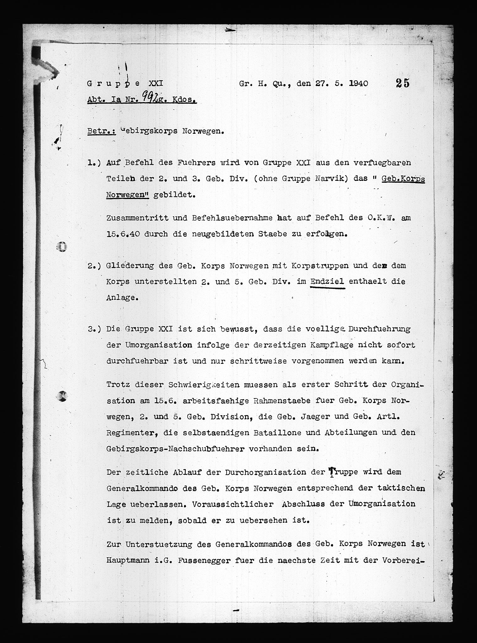 Documents Section, RA/RAFA-2200/V/L0083: Amerikansk mikrofilm "Captured German Documents".
Box No. 722.  FKA jnr. 615/1954., 1940, s. 446