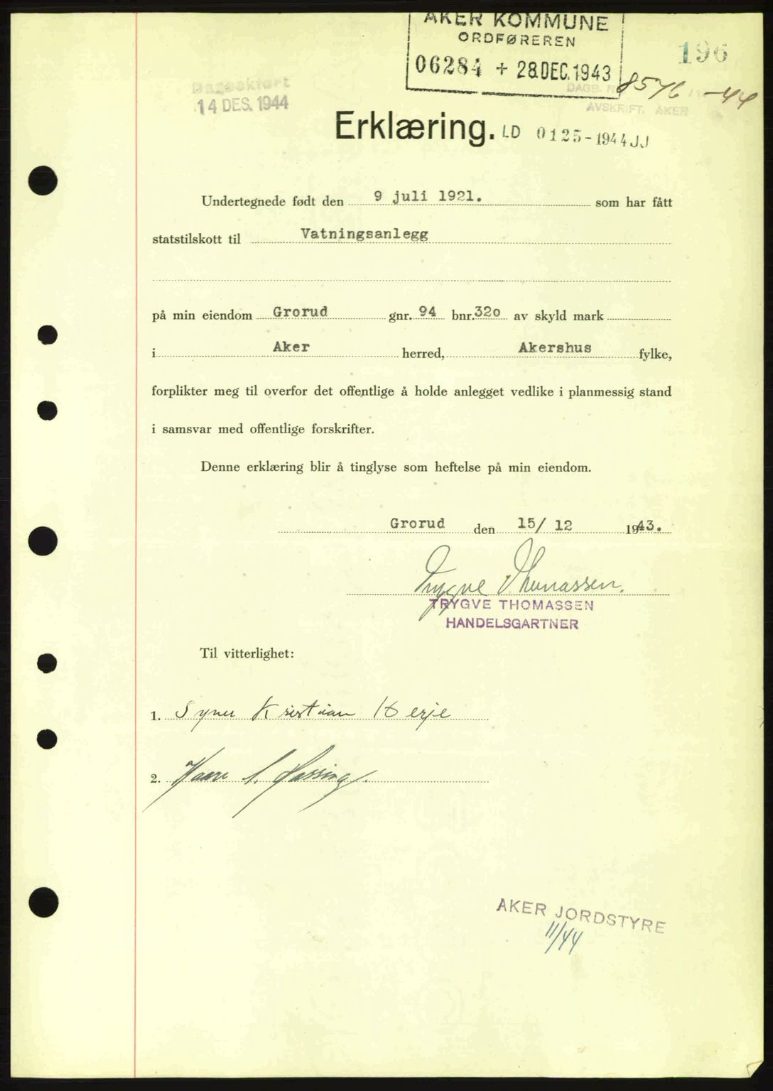 Aker herredsskriveri, SAO/A-10896/G/Gb/Gba/Gbac/L0035: Pantebok nr. B200-201, 1944-1944, Dagboknr: 8576/1944