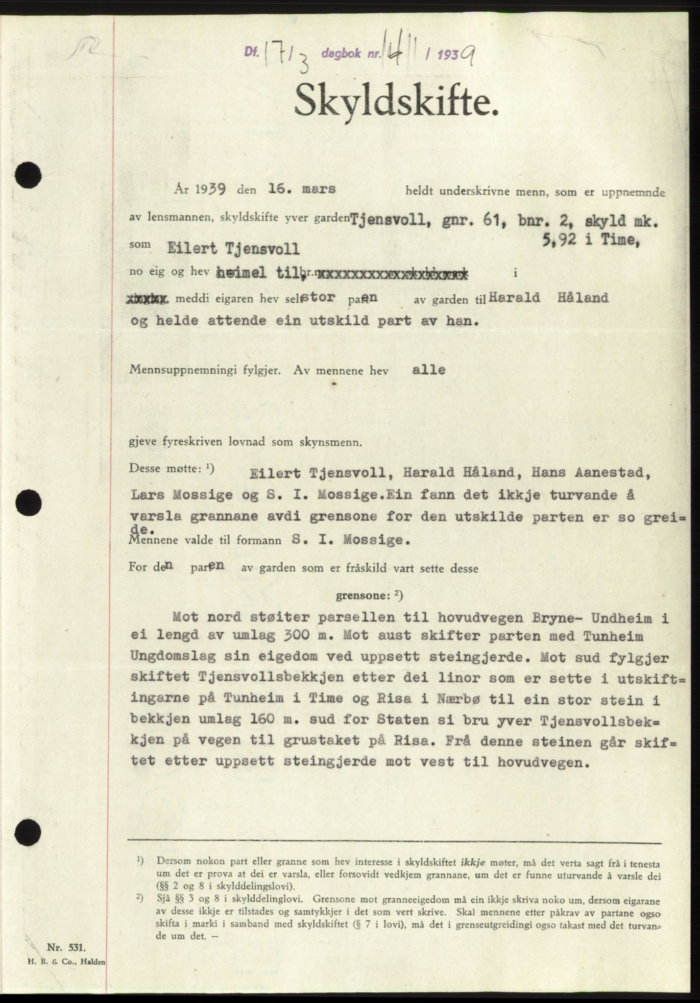 Jæren sorenskriveri, SAST/A-100310/03/G/Gba/L0073: Pantebok, 1939-1939, Dagboknr: 1411/1939