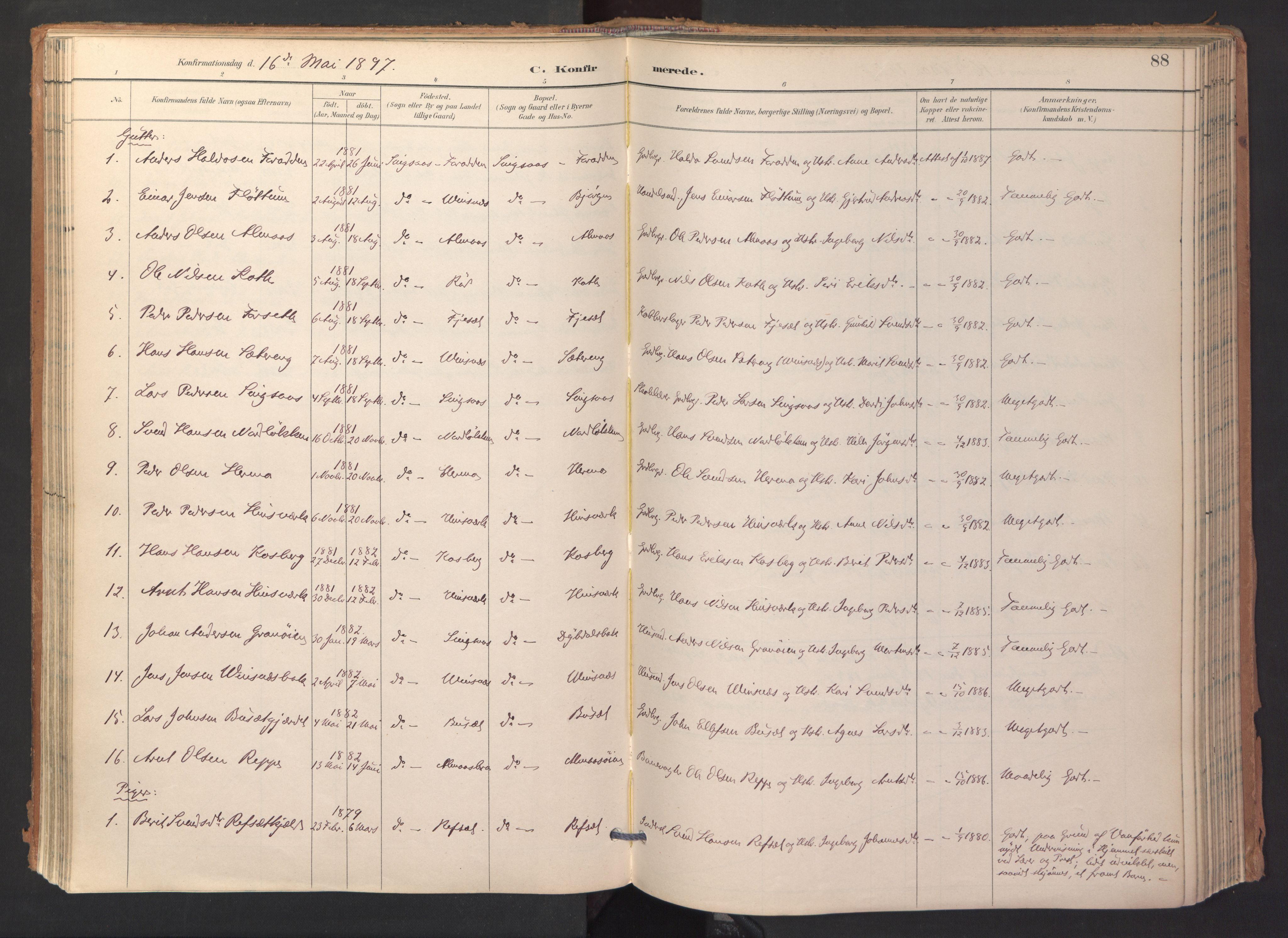 Ministerialprotokoller, klokkerbøker og fødselsregistre - Sør-Trøndelag, AV/SAT-A-1456/688/L1025: Ministerialbok nr. 688A02, 1891-1909, s. 88
