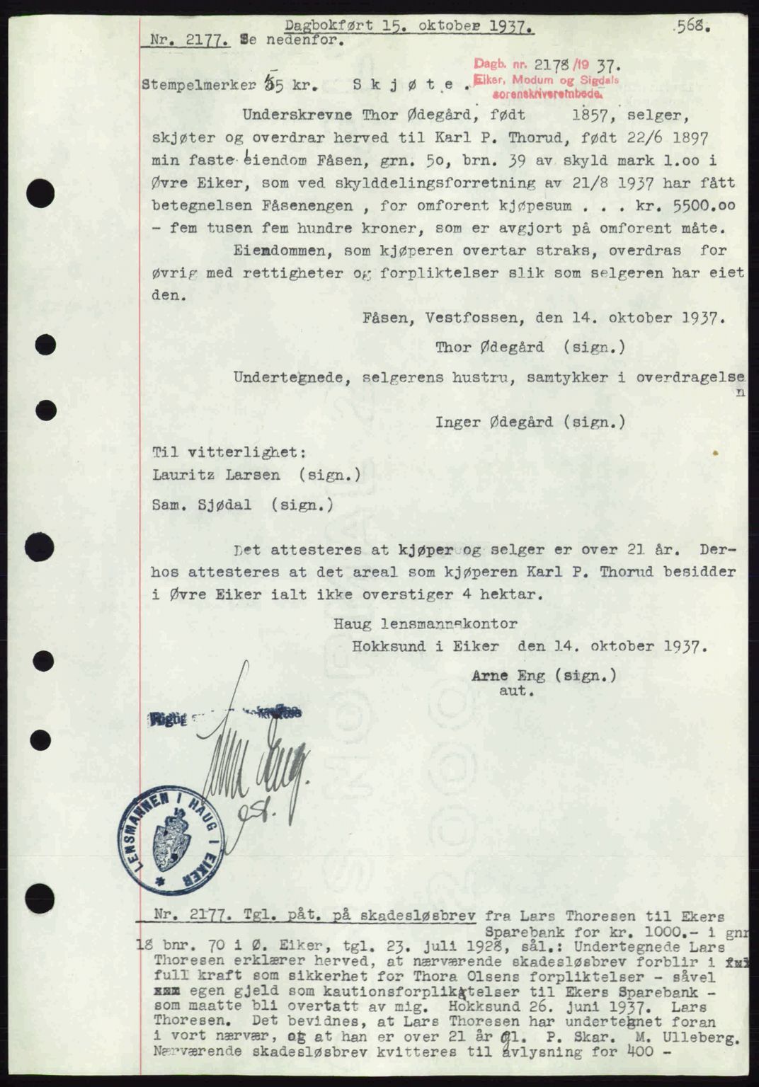 Eiker, Modum og Sigdal sorenskriveri, SAKO/A-123/G/Ga/Gab/L0036: Pantebok nr. A6, 1937-1937, Dagboknr: 2178/1937
